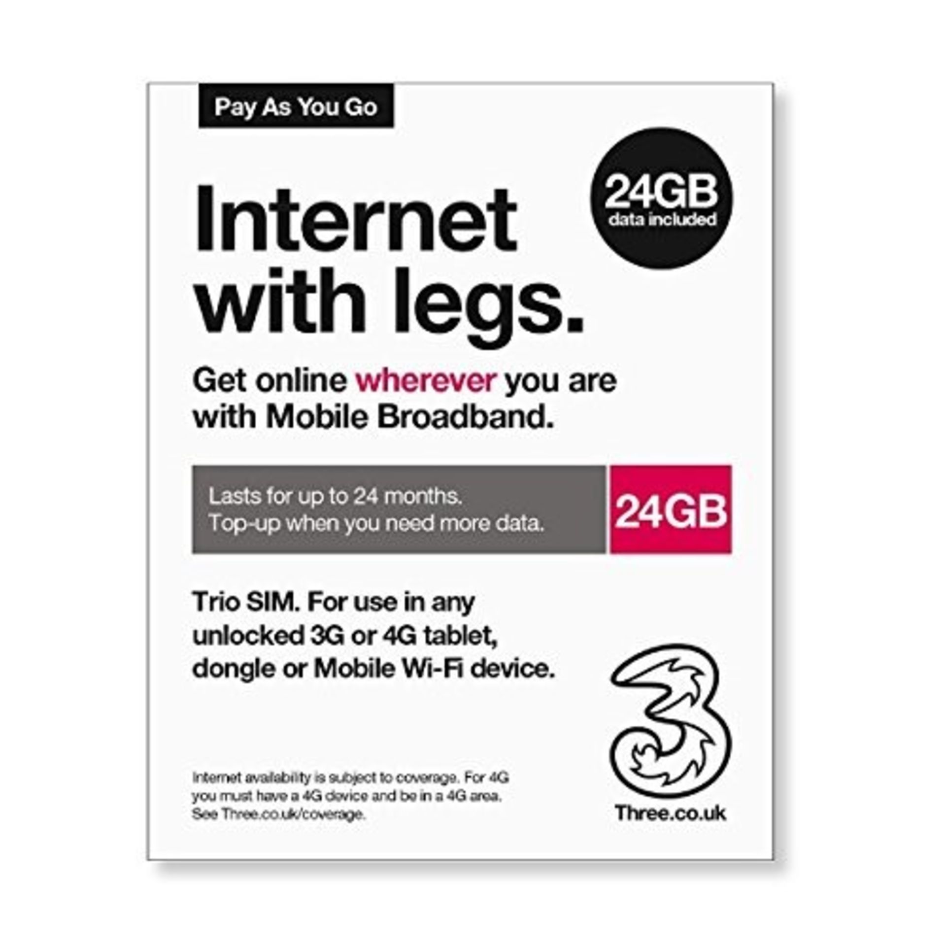 Three Mobile Pay As You Go Mobile Broadband 24 GB data SIM