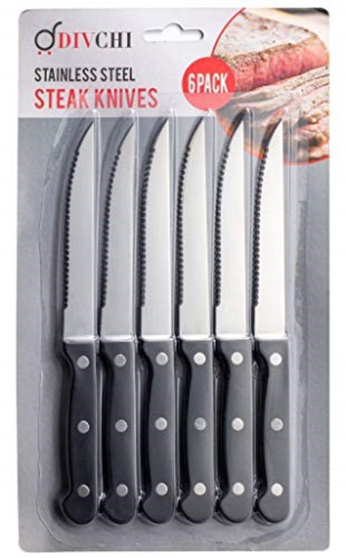 DIVCHI Steak Knives Set of 6 - Steak Knife Set - Serrated Steak Knives Dishwasher Safe - Image 3 of 4