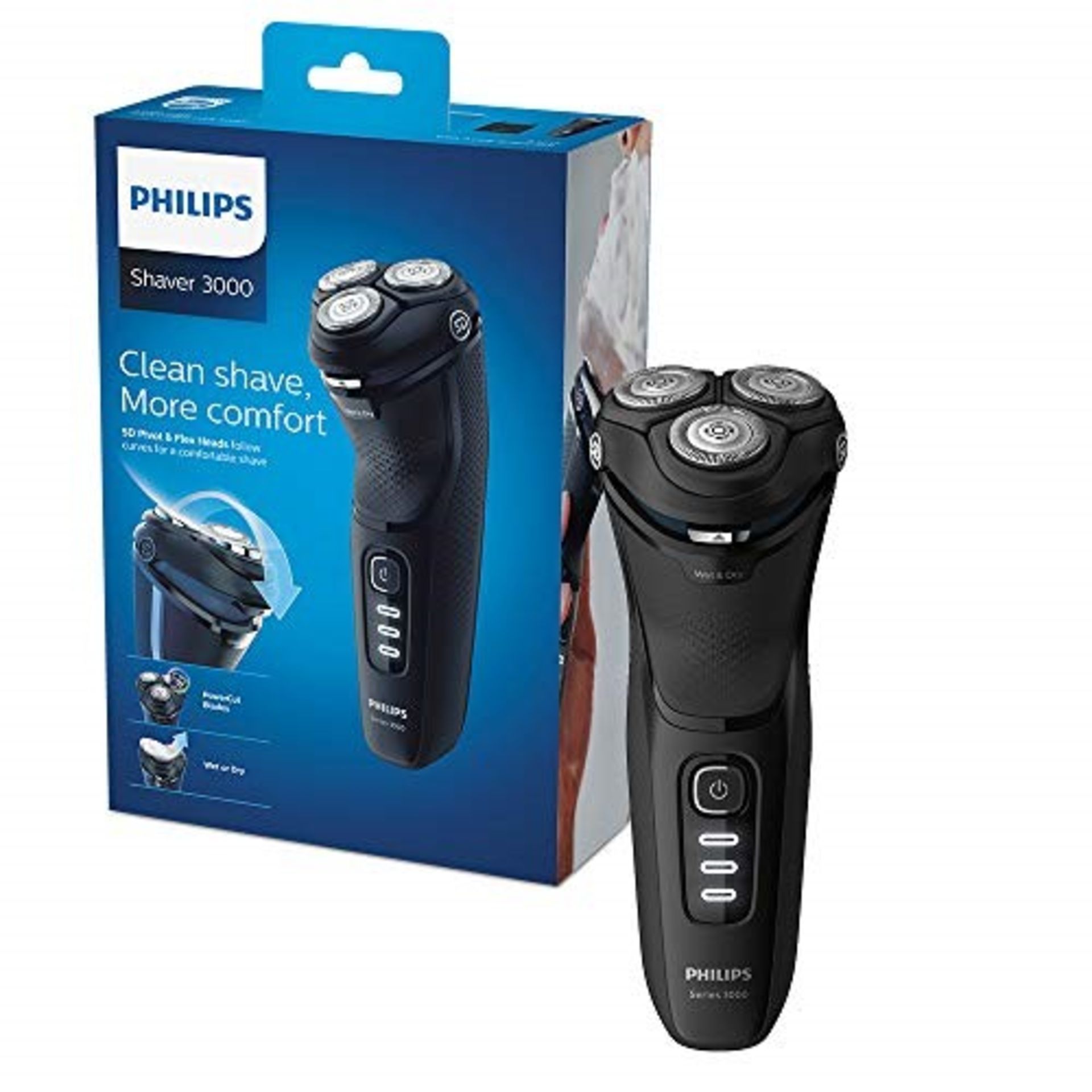 RRP £53.00 Philips Shaver Series 3000 with Powercut Blades, Wet & Dry Men's Electric Shaver with