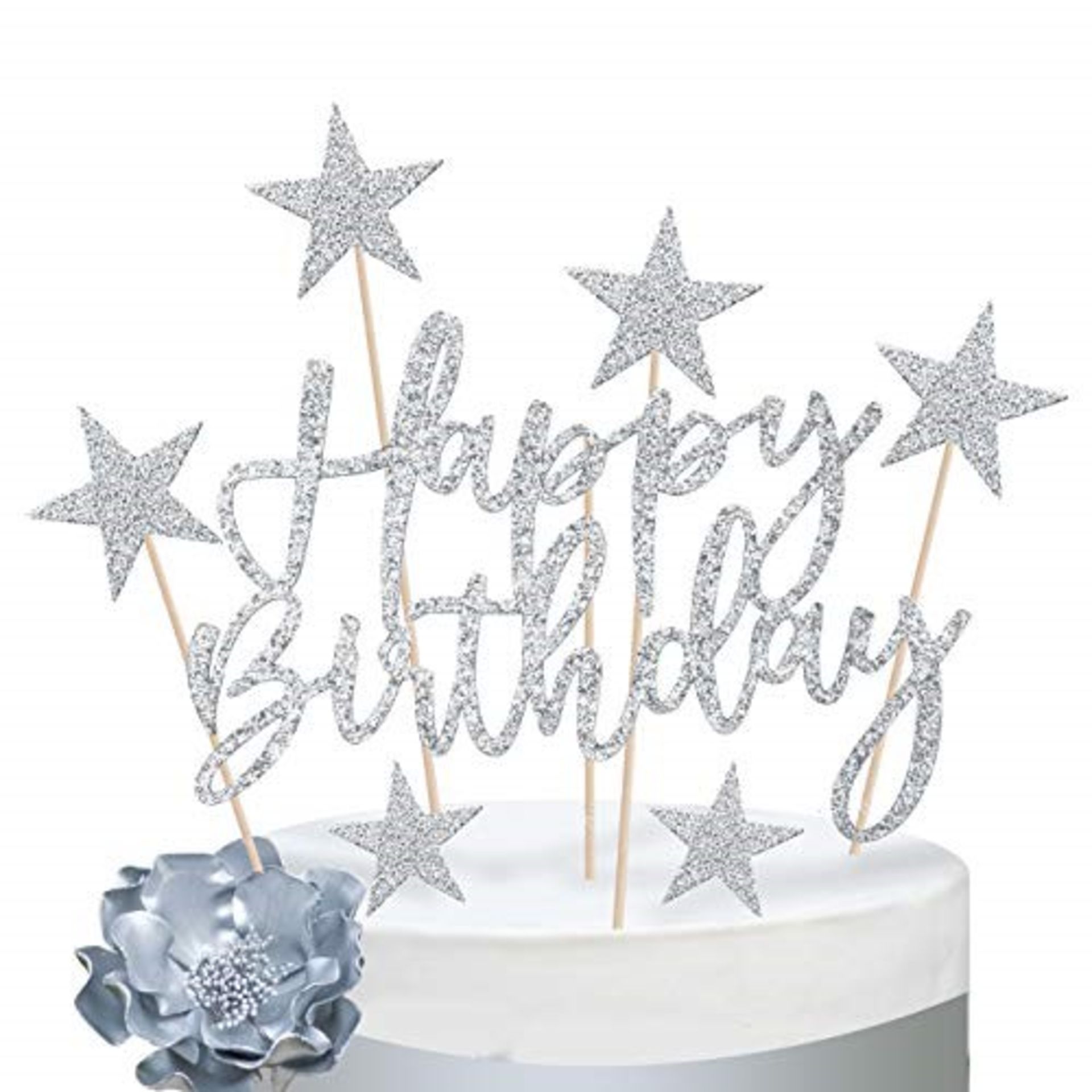 iZoeL 2 Sets Silver Cake Decoration Gold Cake Topper Happy Birthday Banner Confetti Ba
