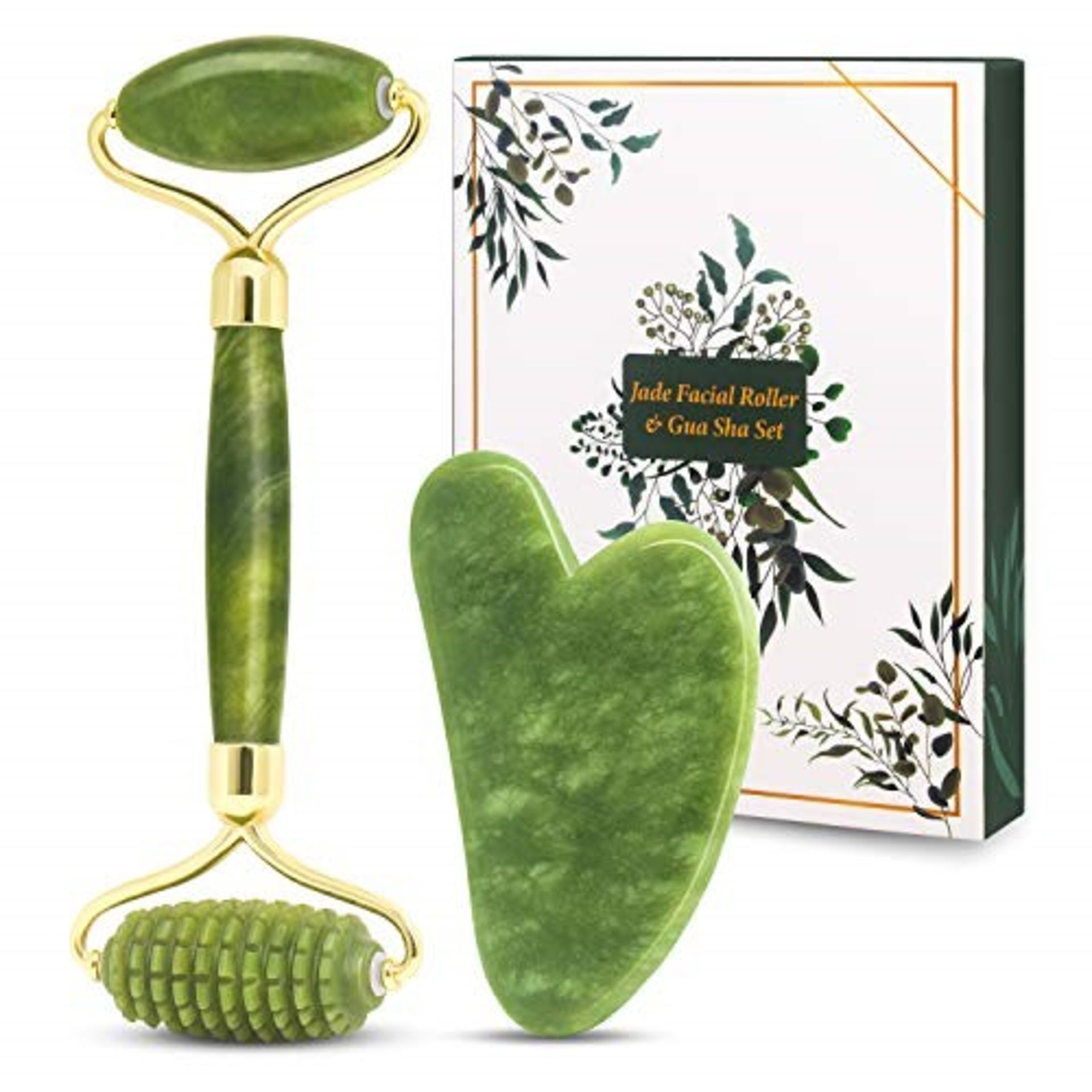 Jade Roller & Gua Sha Massage Kits, Bubuxy Natural Anti-Aging Face Roller for Eye Puff