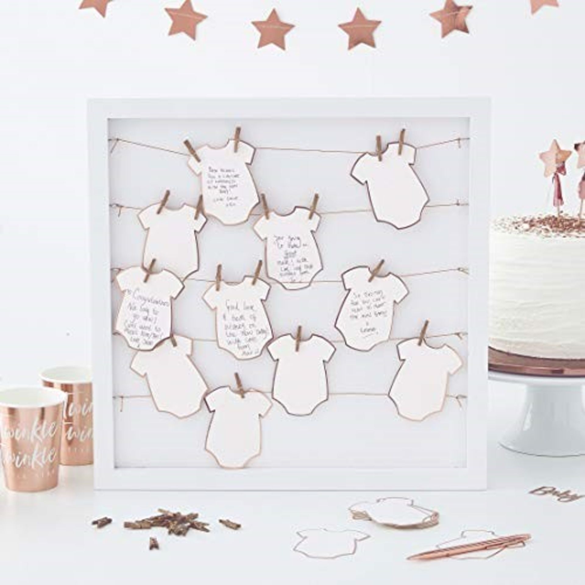 Ginger Ray White with Rose Gold Babygrow Baby Shower Frame Guest Book Twinkle