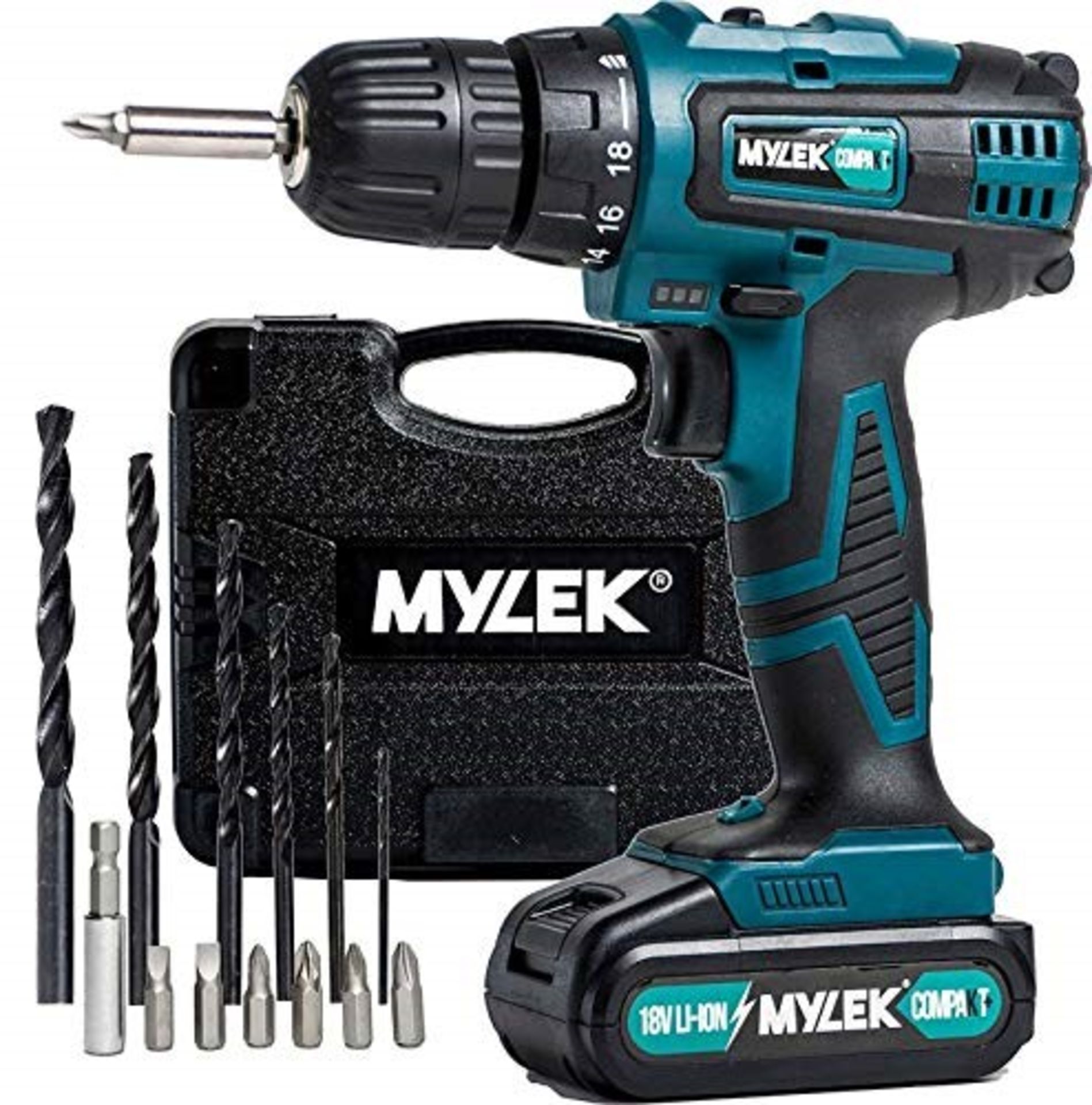 MYLEK 18V Cordless Drill Driver, 1300 mAh Li-Ion battery with 1 Hour Quick Charge, 2 S