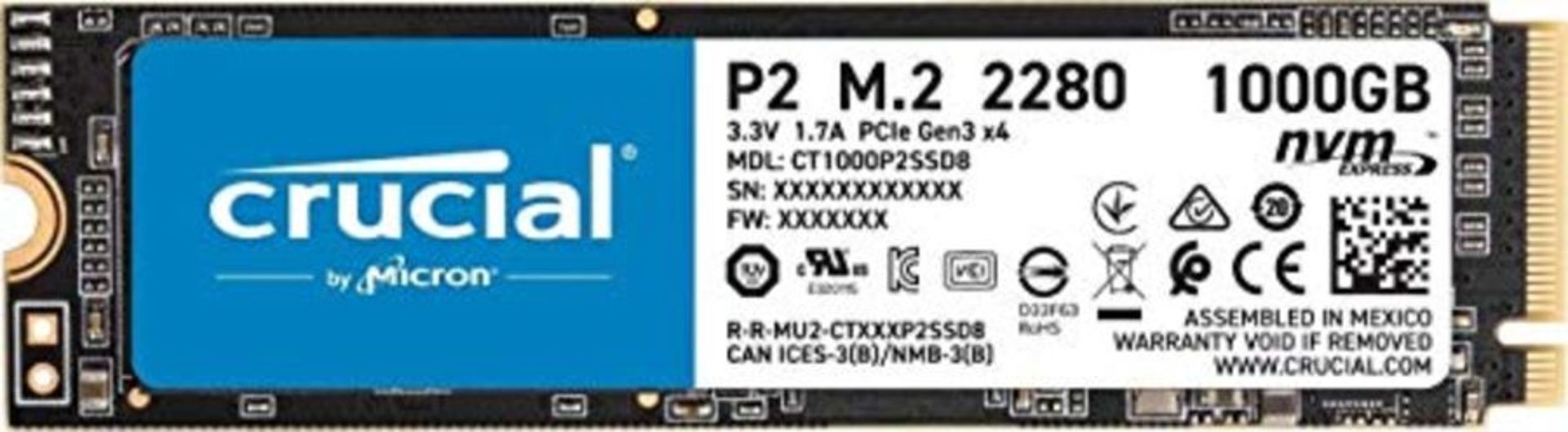 RRP £104.00 Crucial P2 CT1000P2SSD8 1 TB Internal SSD, Up to 2400 MB/s (3D NAND, NVMe, PCIe, M.2)