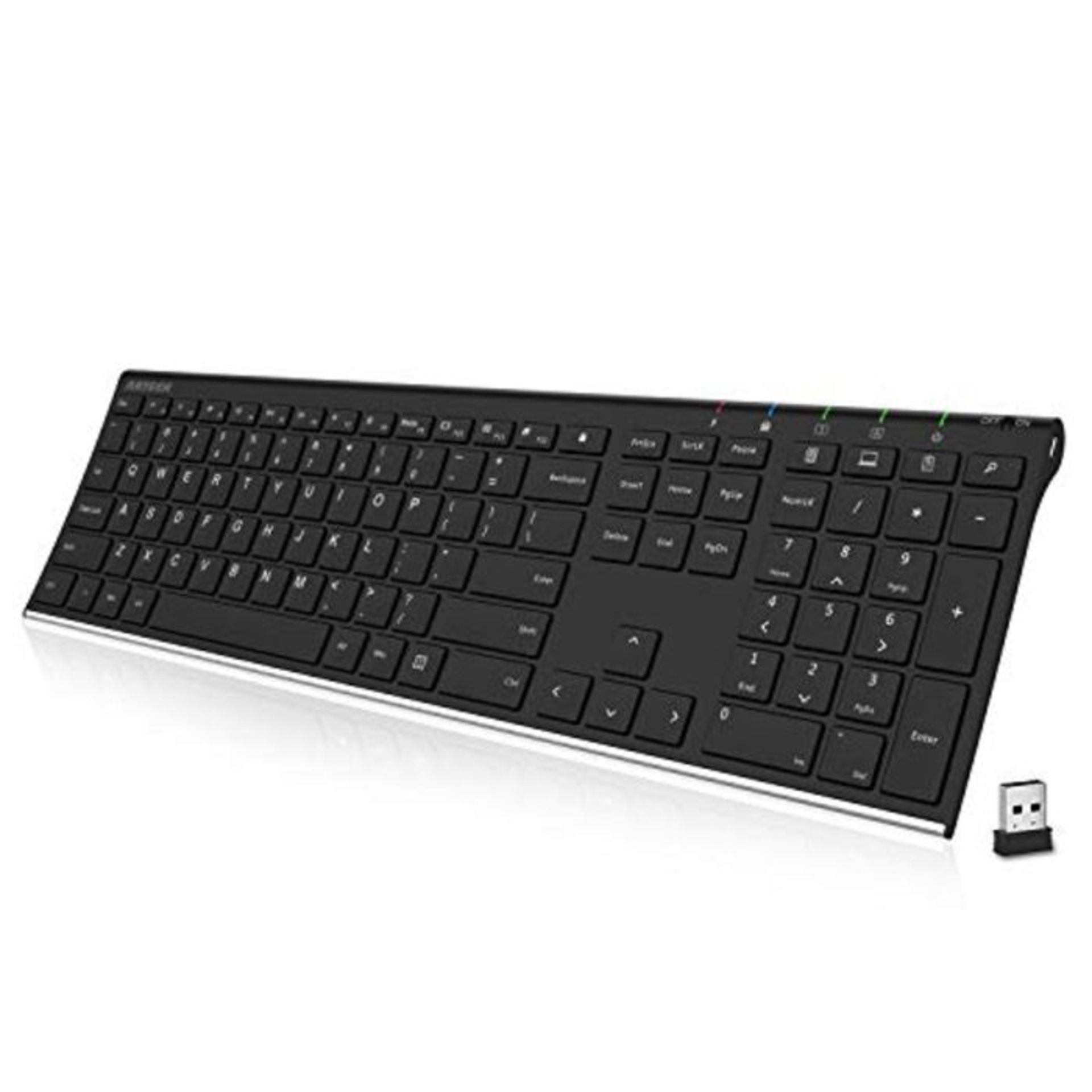 Arteck 2.4G Wireless Keyboard Stainless Steel Ultra Slim Full Size Keyboard with Numer