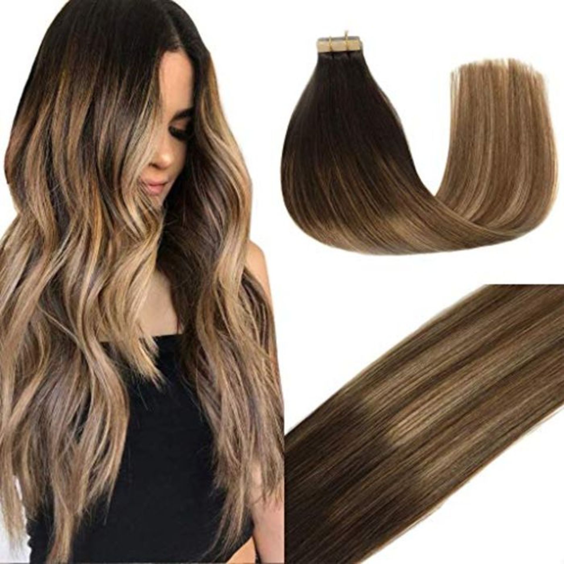 Googoo 14inch Human Hair Extensions Tape in Ombre Dark Brown to Light Brown and Ash Bl