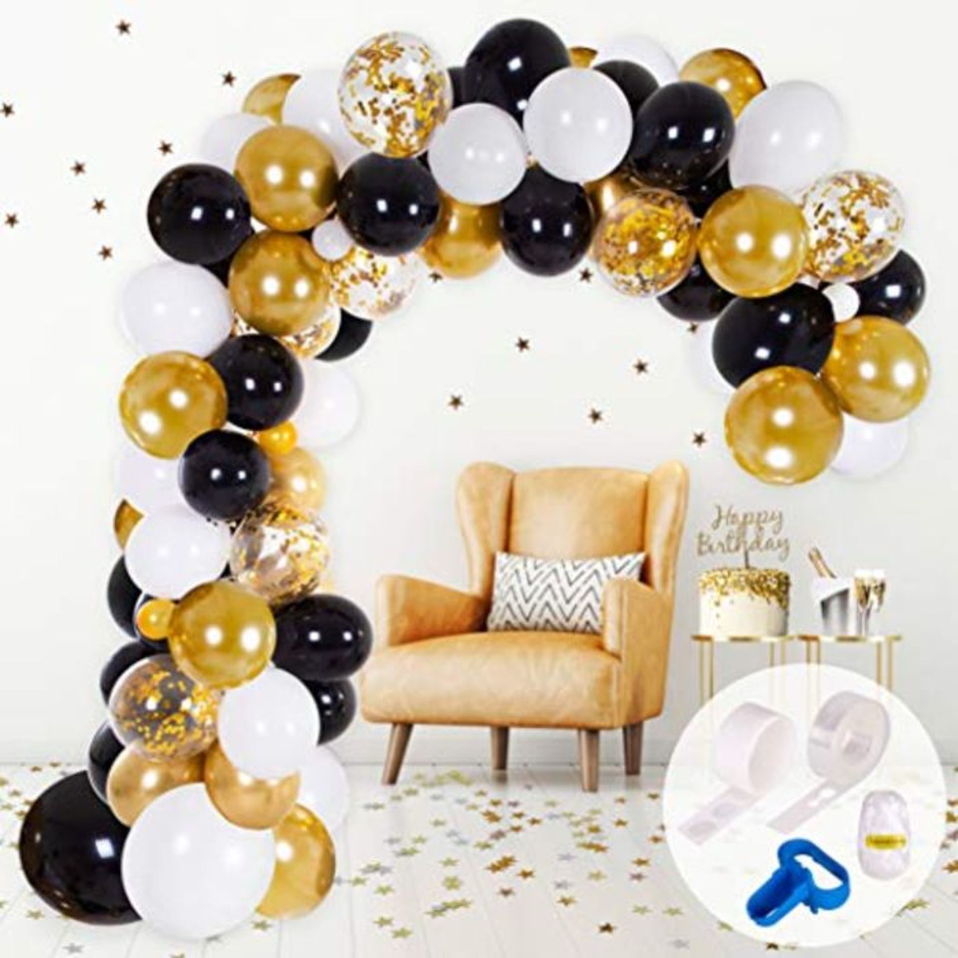 Balloon Arch & Garland Kit | Black, White, & Gold Balloons | Incl. Tying Tool, Balloon
