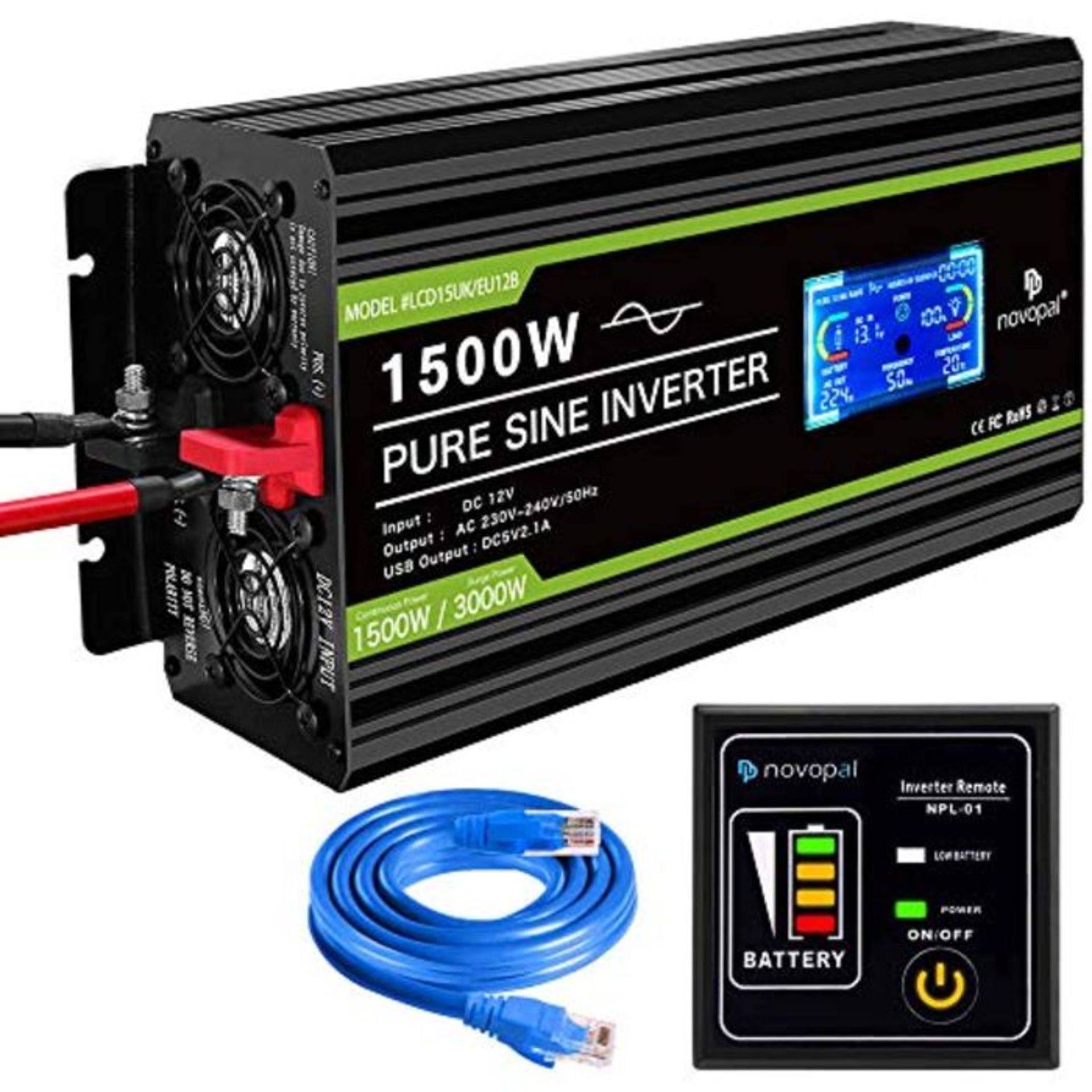 RRP £163.00 Novopal Power Inverter Pure Sine Wave-1500 Watt 12V DC to 230V/240V AC Converter-LCD D