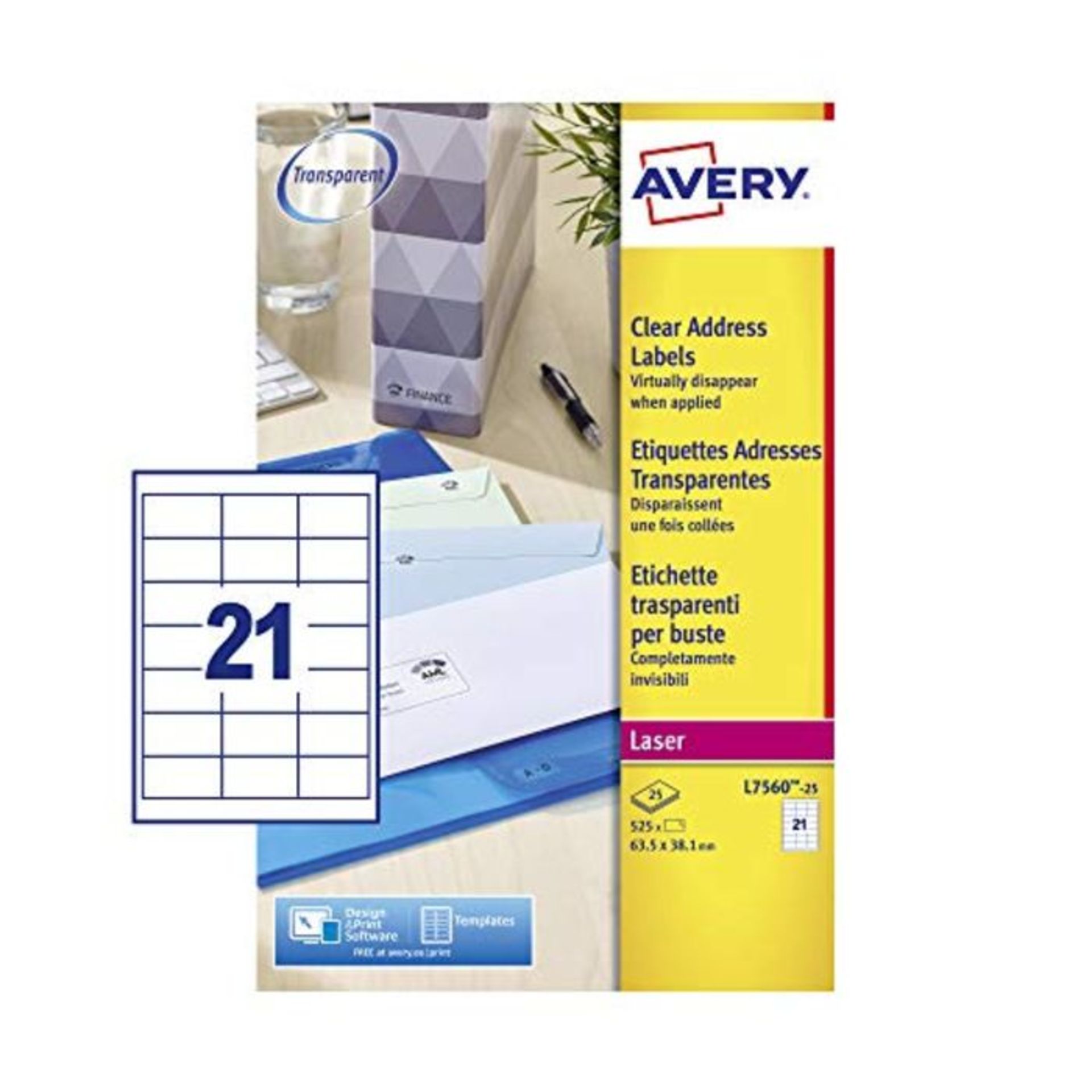 Avery Self Adhesive Clear Address Mailing Labels, Laser Printers, 21 Labels Per A4 She