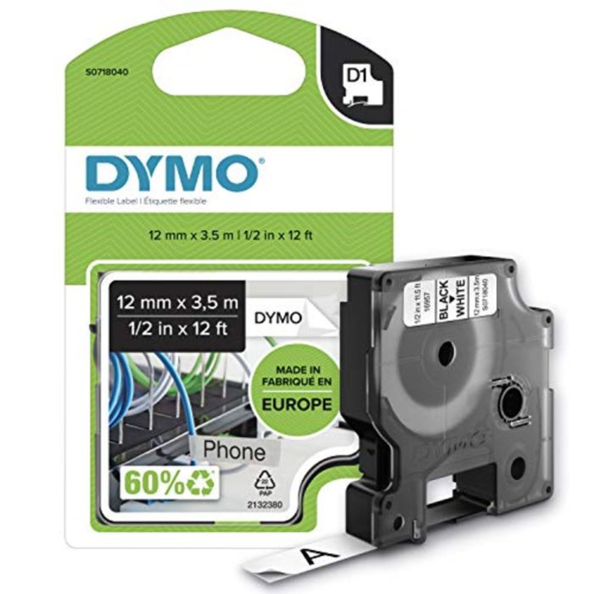 DYMO D1 Labels, 12 mm x 3.5 m Roll, Black Print on White, Self-Adhesive Labels for Lab
