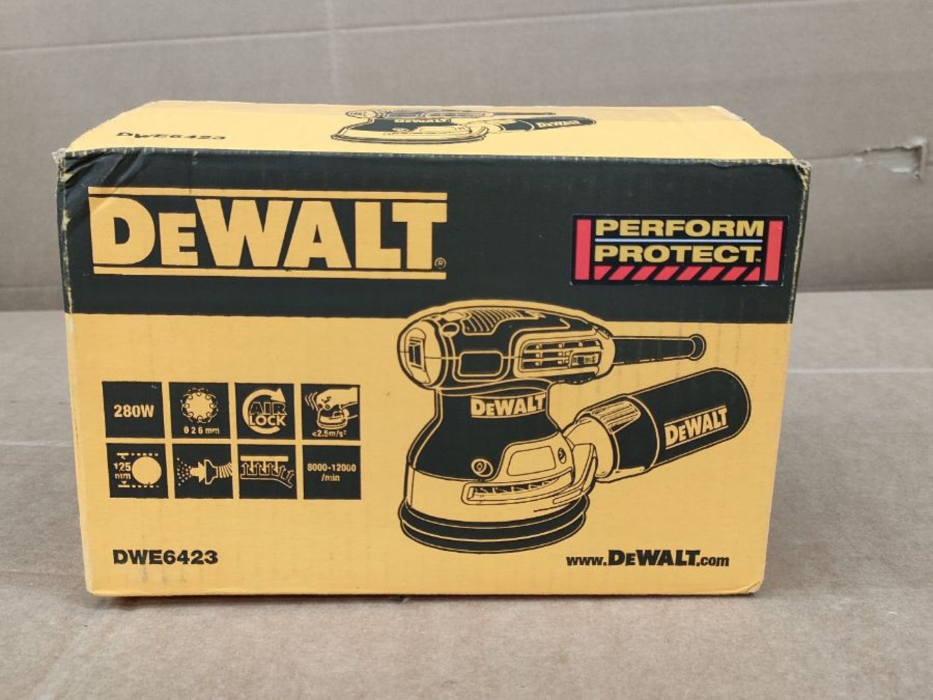 RRP £85.00 DEWALT DEWDWE6423L Random Orbital Sanders, Yellow/Black (100V Industrial Plug) - Image 2 of 3