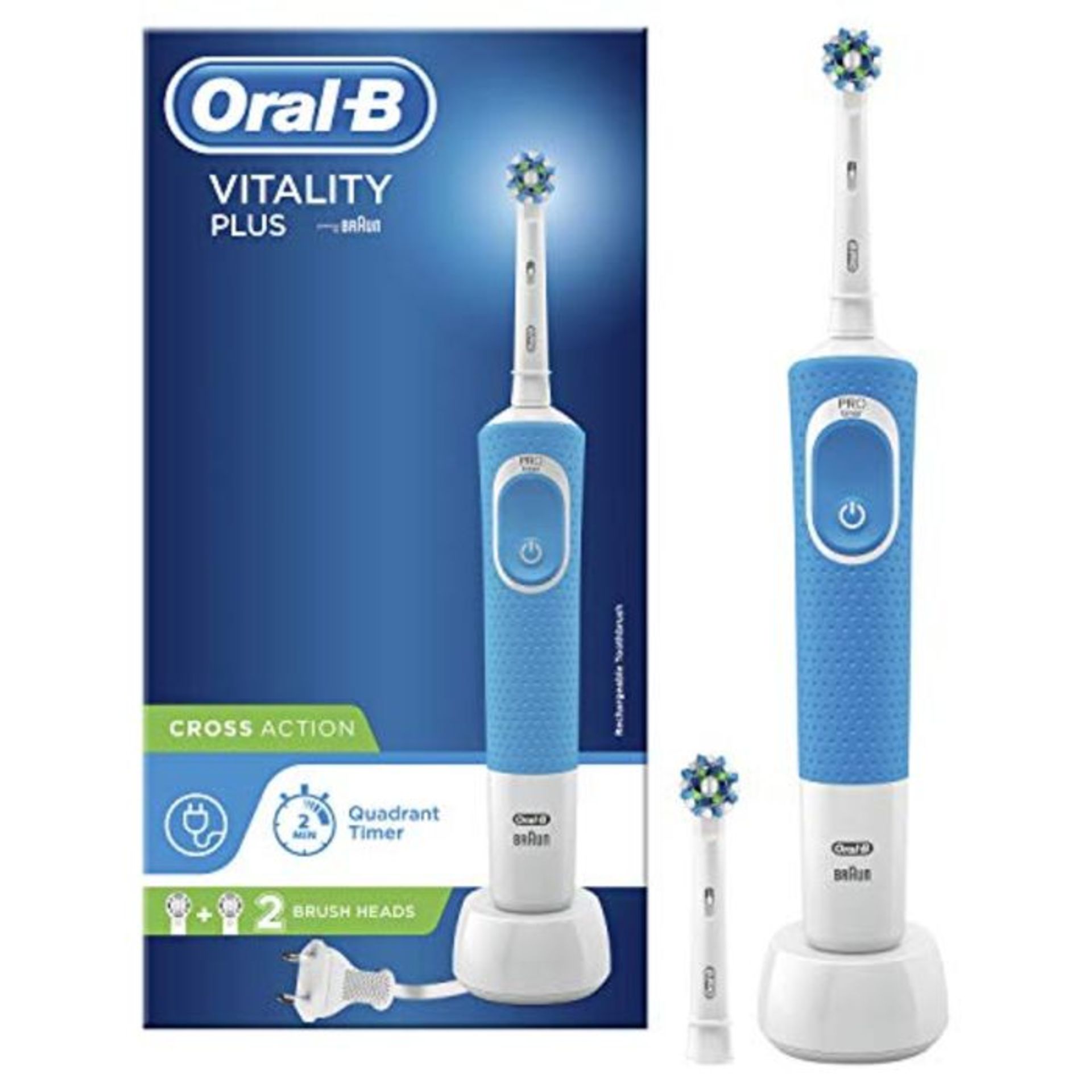 Oral-B Vitality Plus CrossAction Electric Rechargeable Toothbrush, 1 Blue Handle, 2 Br
