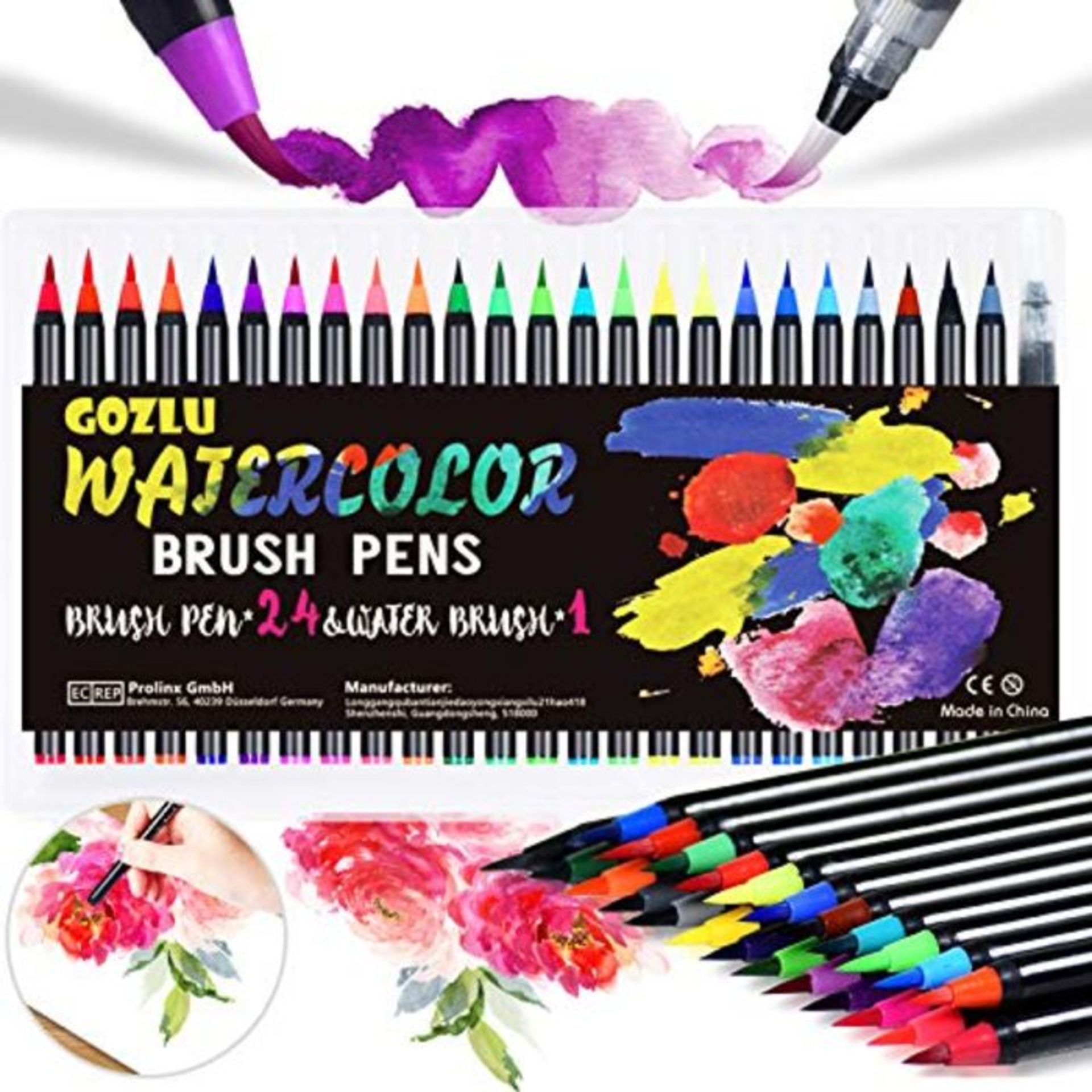 Gozlu Watercolour Brush Pens Set, 24 Colouring Pens with Flexible Nylon Tips, 1 Water