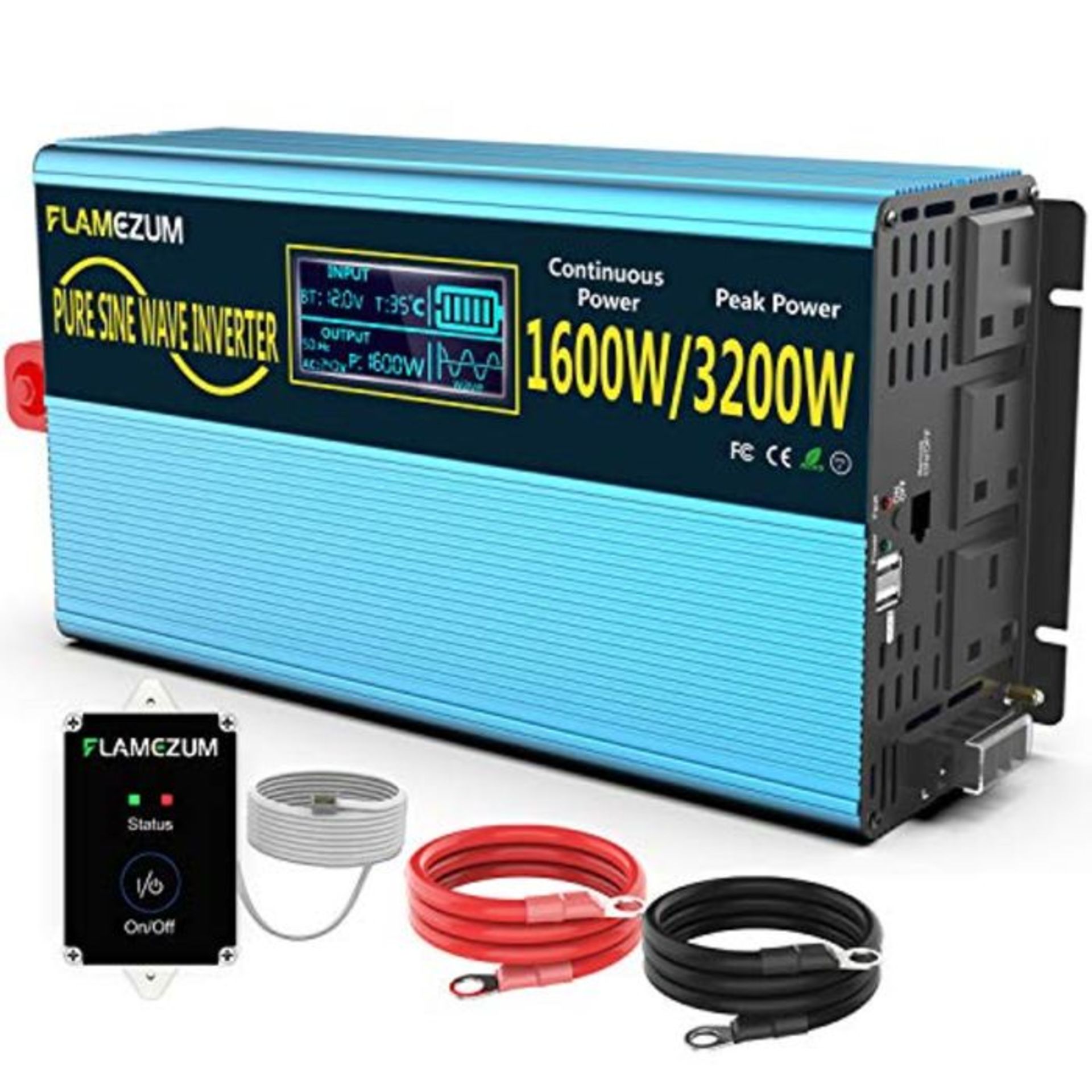 RRP £155.00 FLAMEZUM Pure Sine Wave Inverter 1600W Car Power Inverter DC 12V to AC 240V Converter