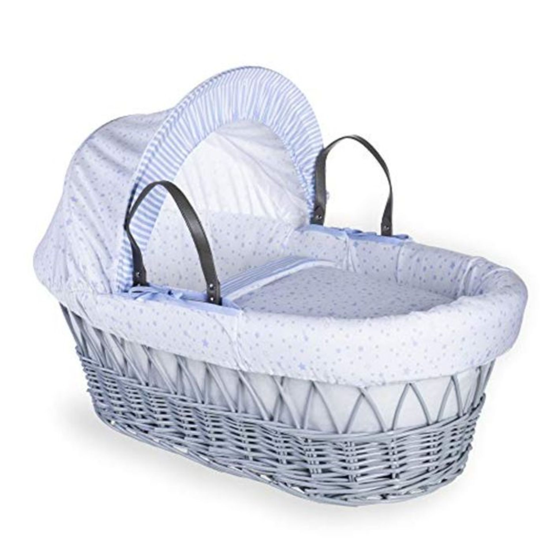 RRP £84.00 Clair de Lune Stars and Stripes Grey Wicker Moses Basket inc. bedding, mattress & adju