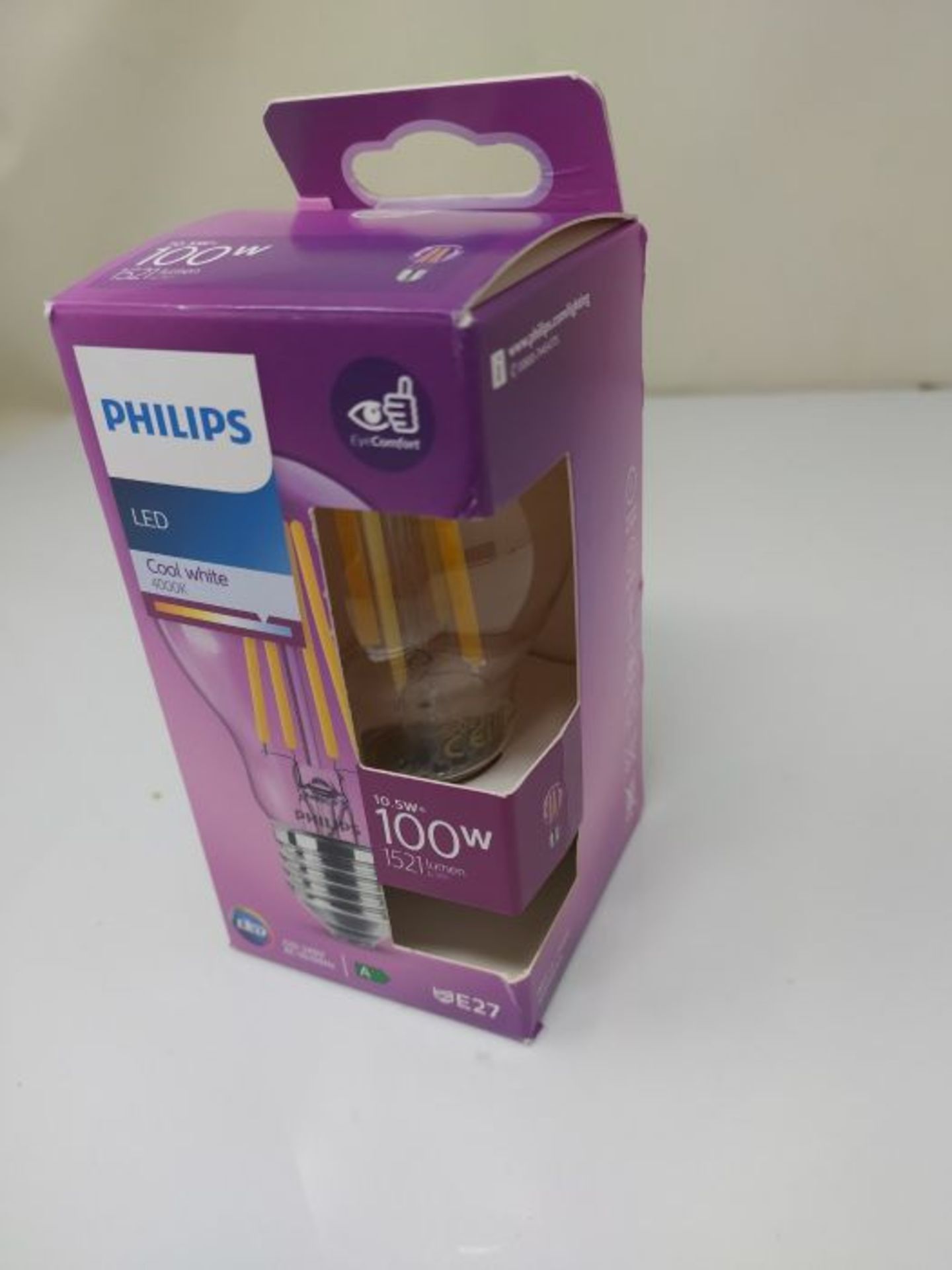 Philips LED Classic A60 Light Bulb [E27 Edison Screw] 10.5W - 100W Equivalent, Cool Wh - Image 2 of 2