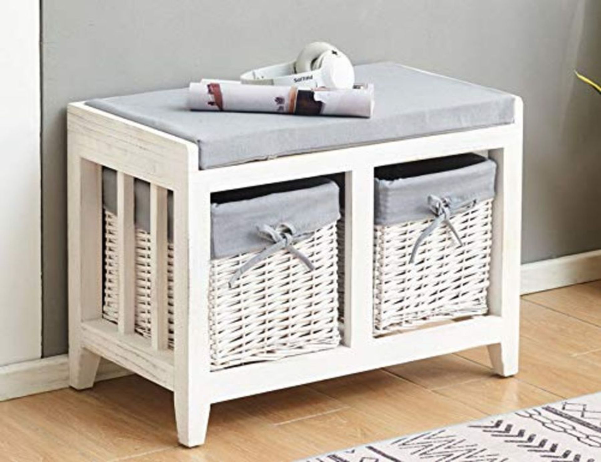 RRP £84.00 Home Source Wooden Hallway Bench Seat 2 Basket Pull-Out Storage, White, Grey Cushioned