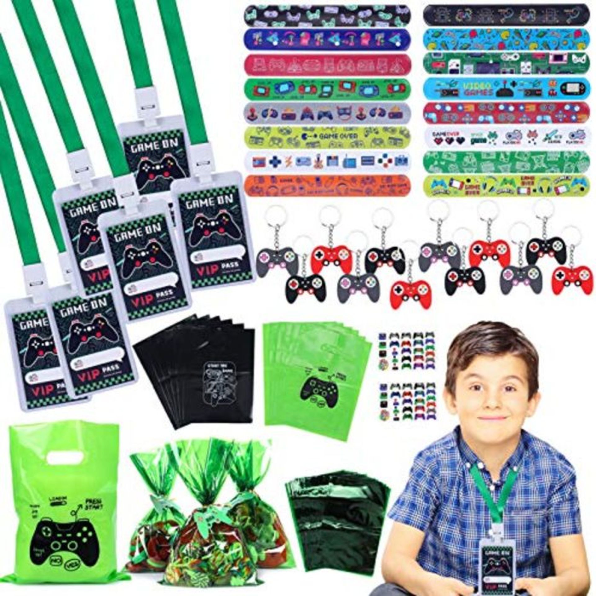 94pcs Video Game Party Favors with VIP Pass Gamer Slap Bracelets Keychain Tattoos Part