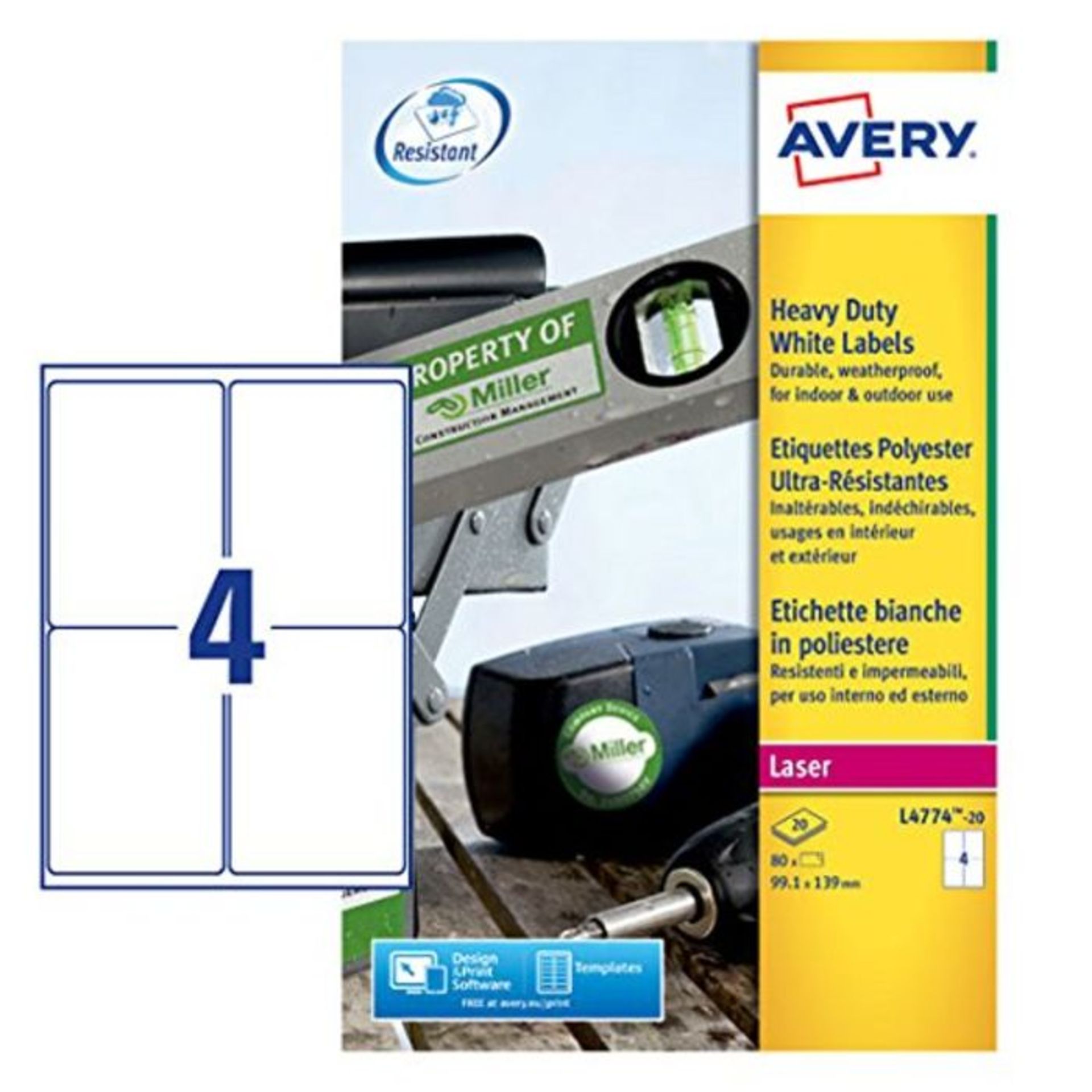 Avery L4774-20 Extra-Strong Adhesive Heavy Duty Weatherproof Labels, 4 Labels Per A4 S