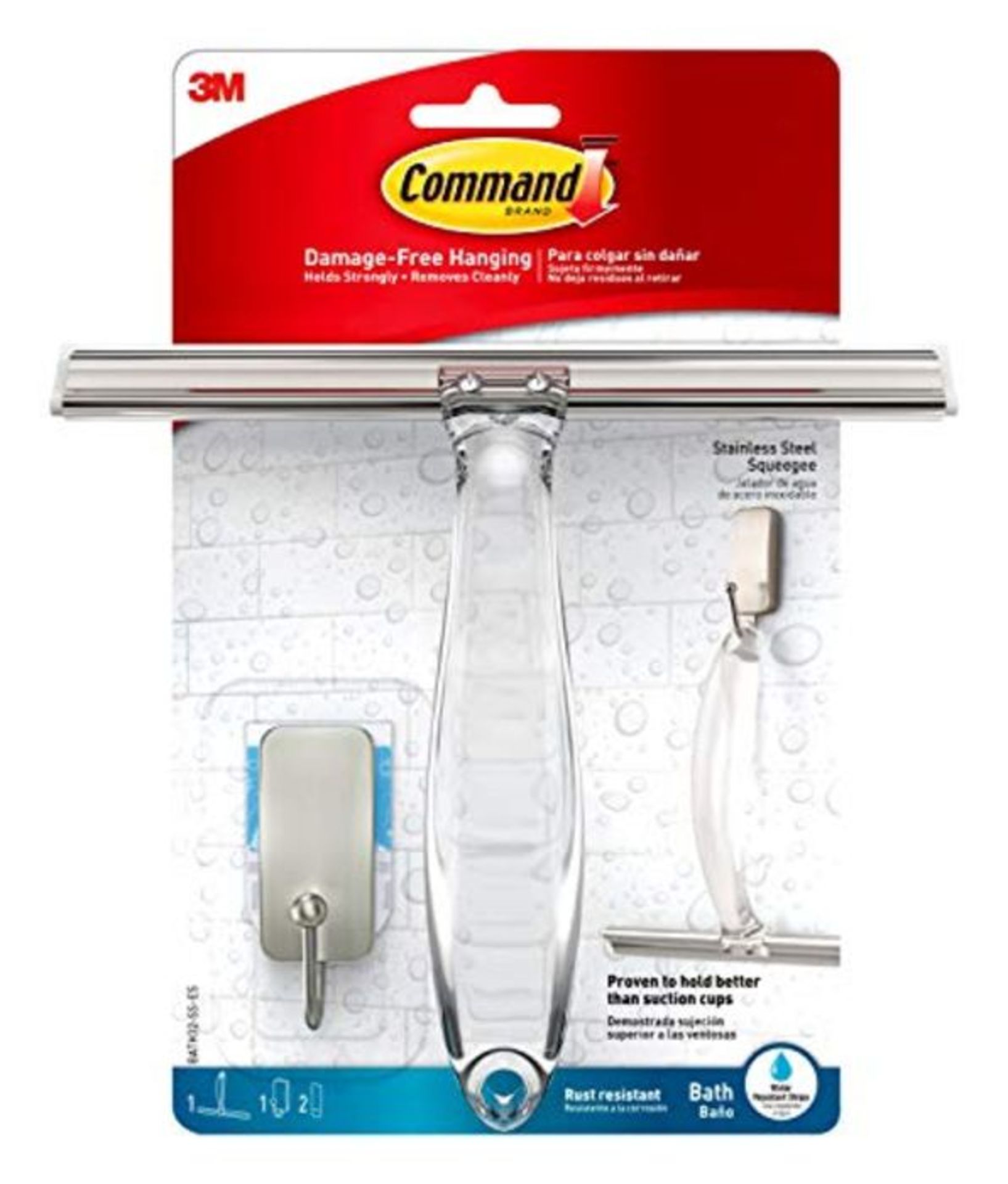 Command BATH32-SS-ES Shower Squeegee with Water-Resistant Strips, Satin Nickel/Clear