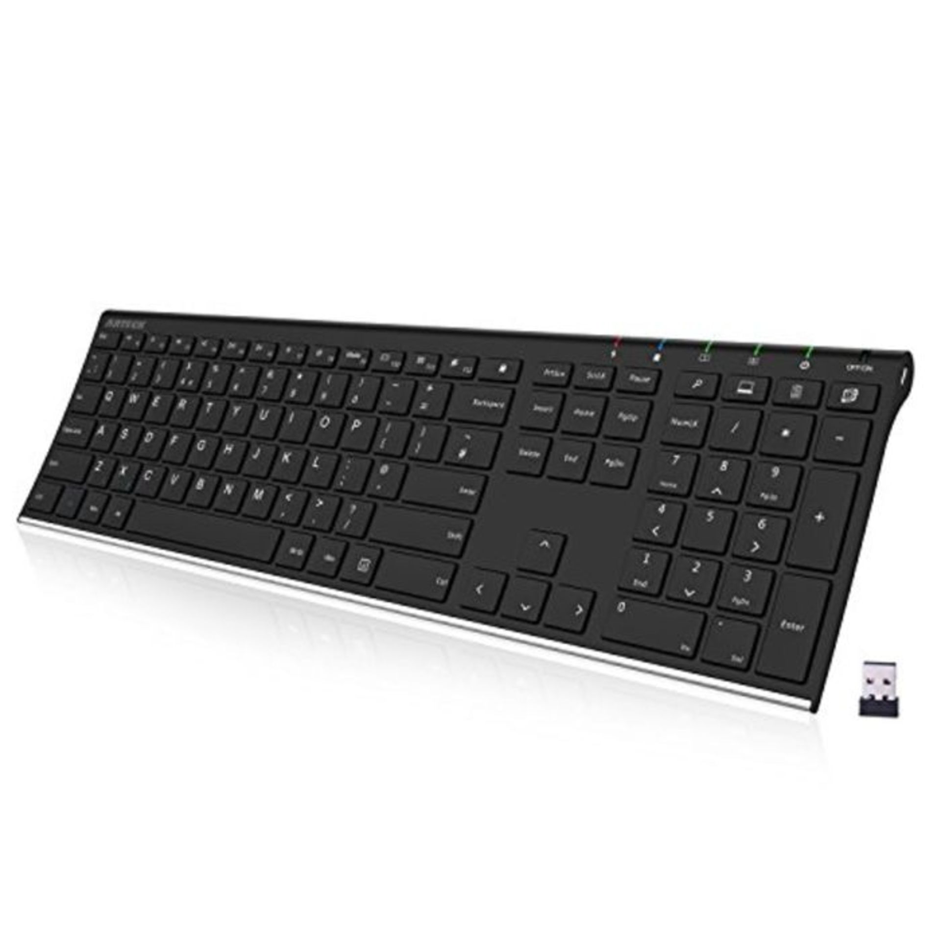 Arteck 2.4G Wireless Keyboard Stainless Steel Ultra Slim Full Size Keyboard with Numer