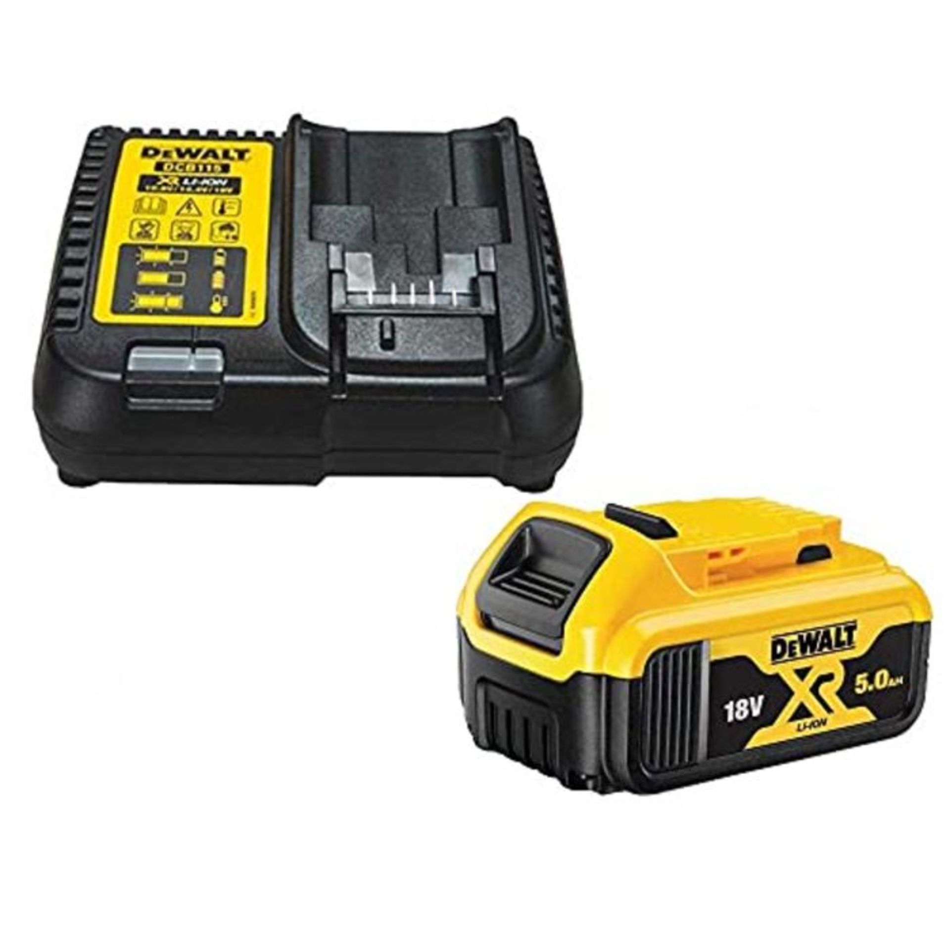 RRP £77.00 DEWALT DCB184 5.0ah 18v XR Lithium Ion Battery + DCB115 Charger, Yellow