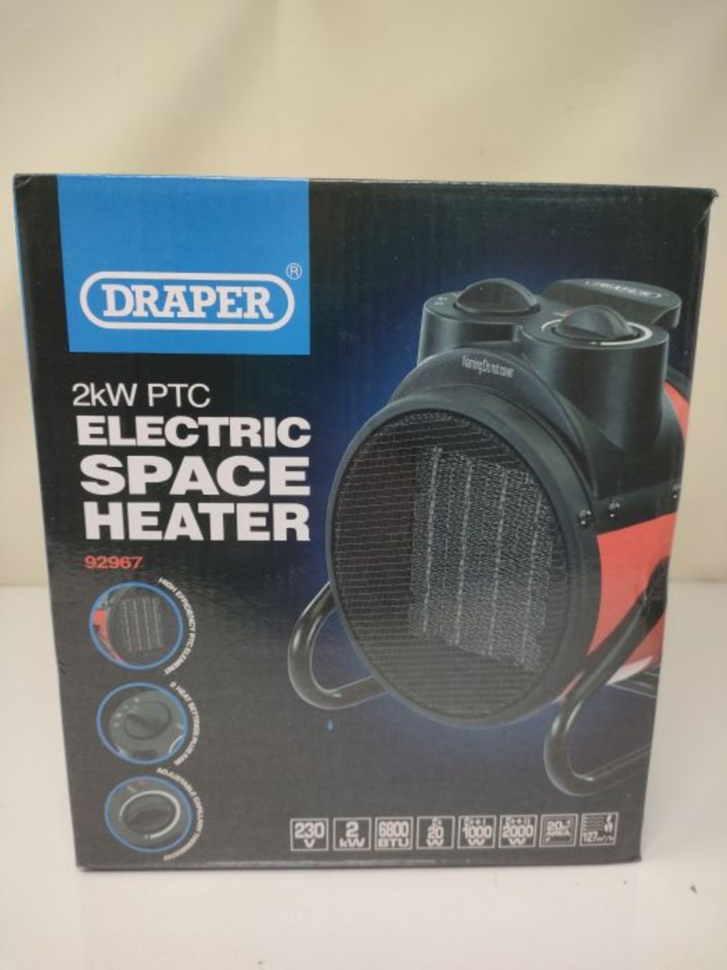 Draper 92967 PTC Electric Space Heater 2000W, Fully Adjustable Thermostatic Control, P - Image 3 of 3