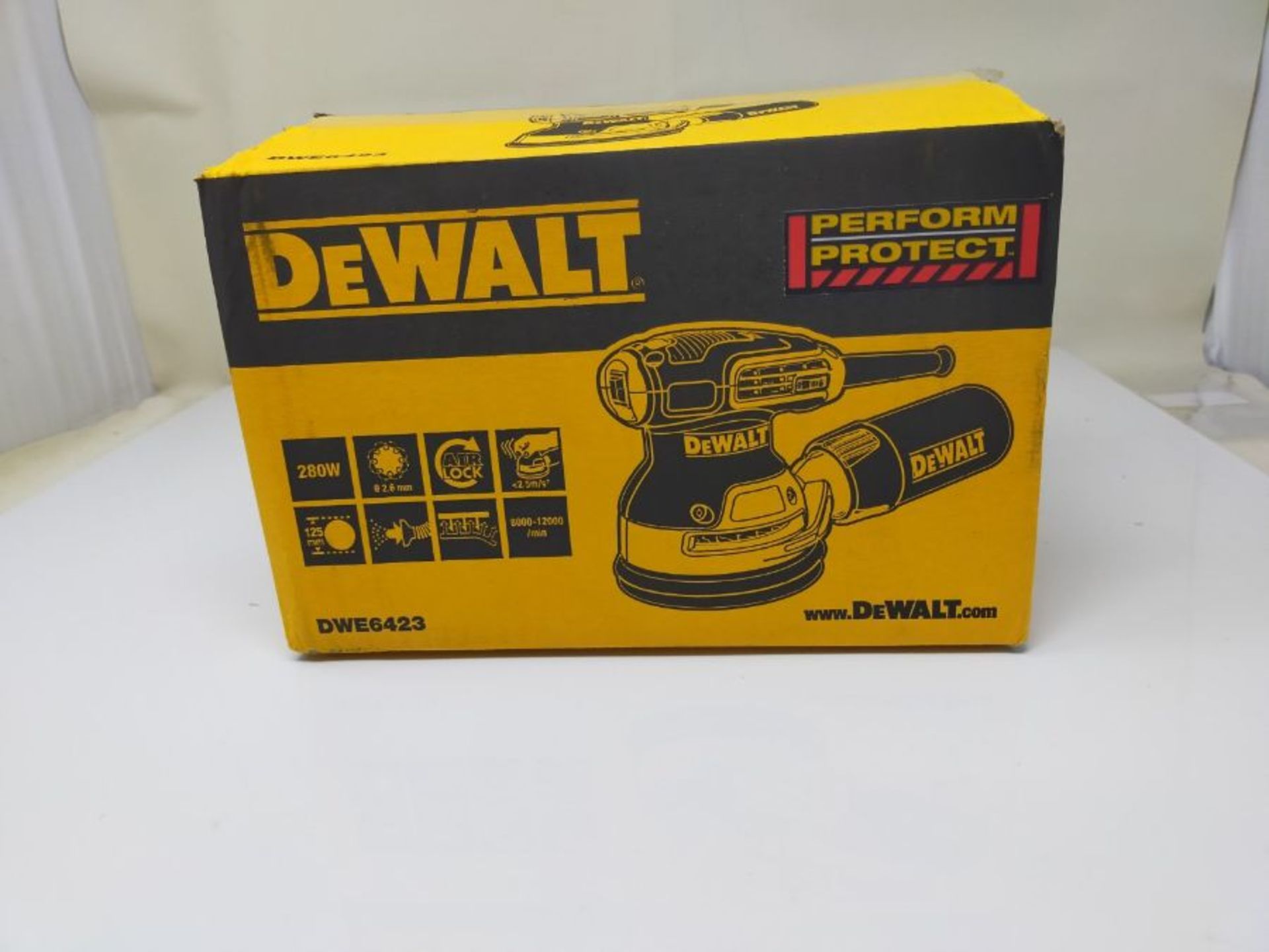 RRP £85.00 DEWALT DEWDWE6423L Random Orbital Sanders, Yellow/Black (100V Industrial Plug) - Image 2 of 3