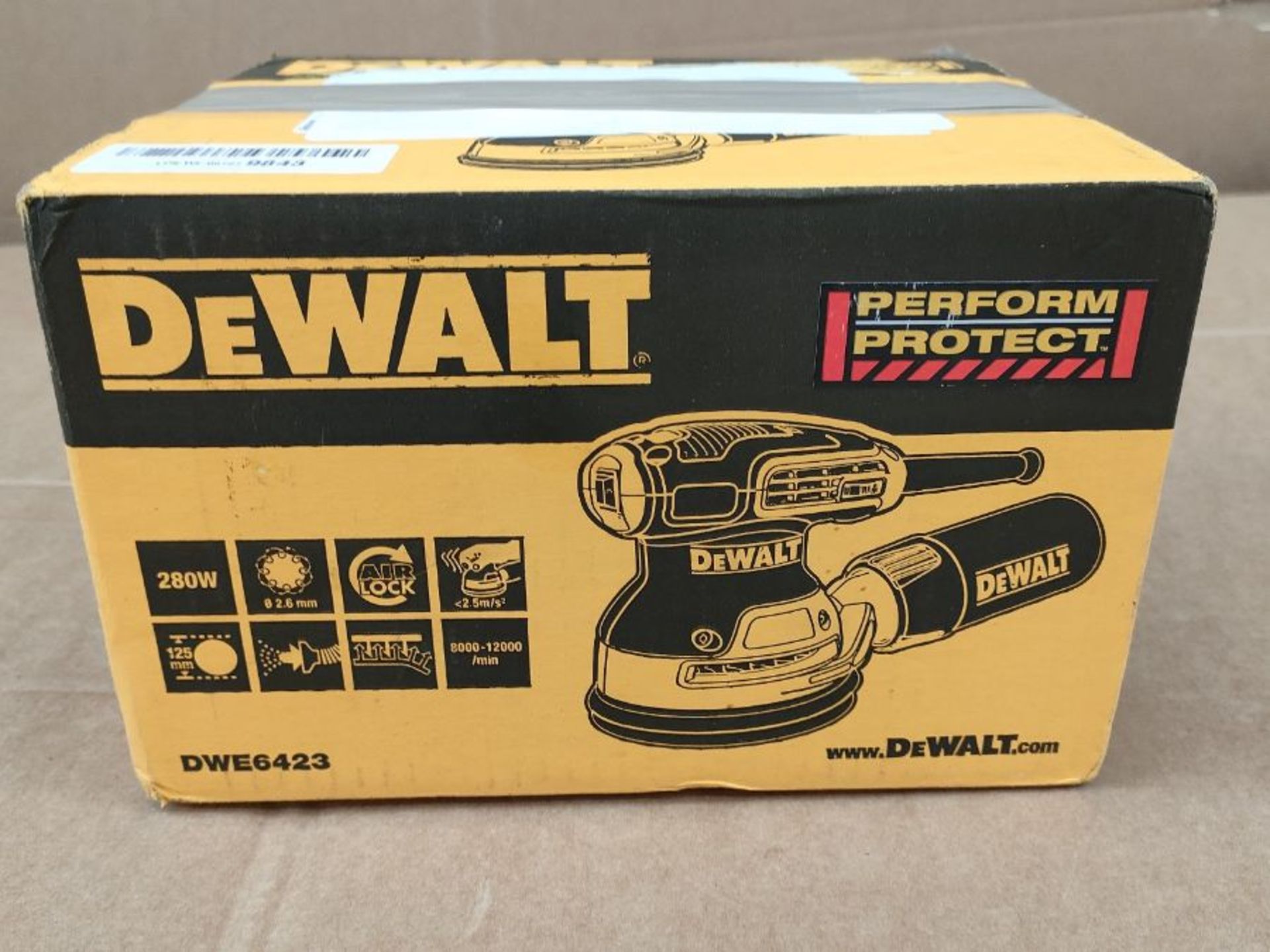 RRP £85.00 DEWALT DEWDWE6423L Random Orbital Sanders, Yellow/Black (100V Industrial Plug) - Image 2 of 3