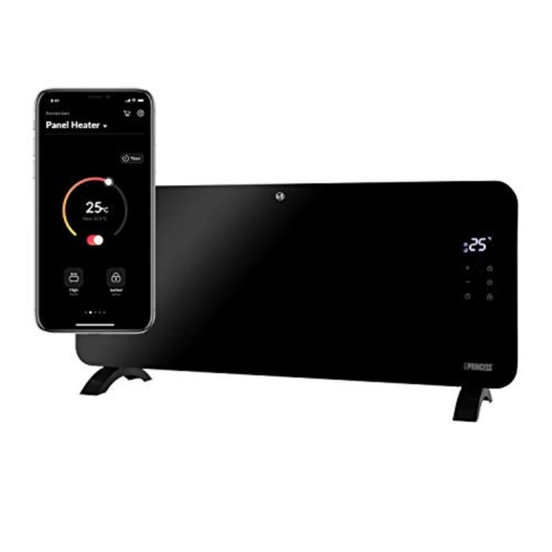 RRP £119.00 Princess Glass Smart Panel Heater, 2000 W, Black, Smart Control and Free App, Works wi