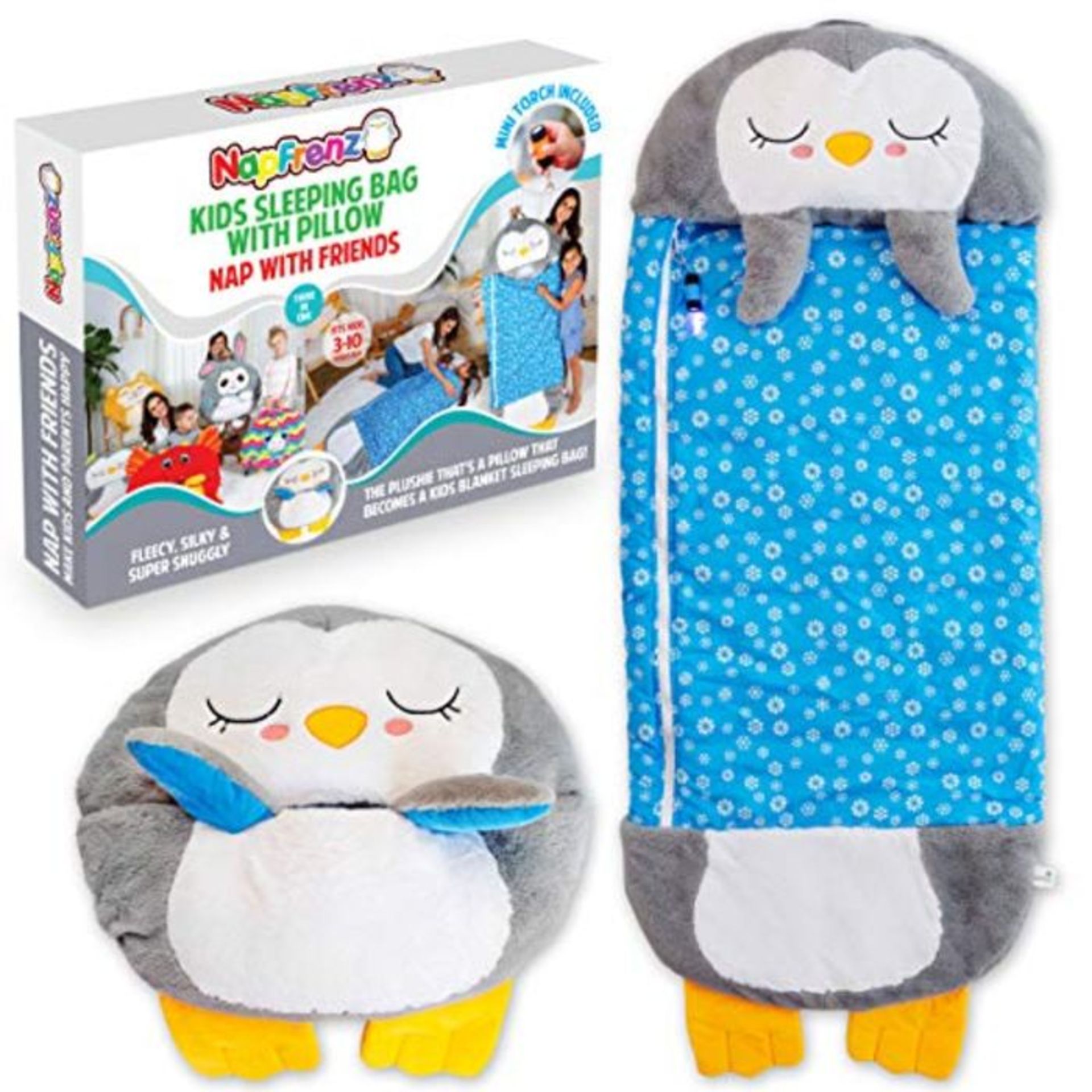 NapFrenz Animal Kids Sleeping Bag With Pillow. 3-In-1 Penguin Nap Pillow, Penguin Soft