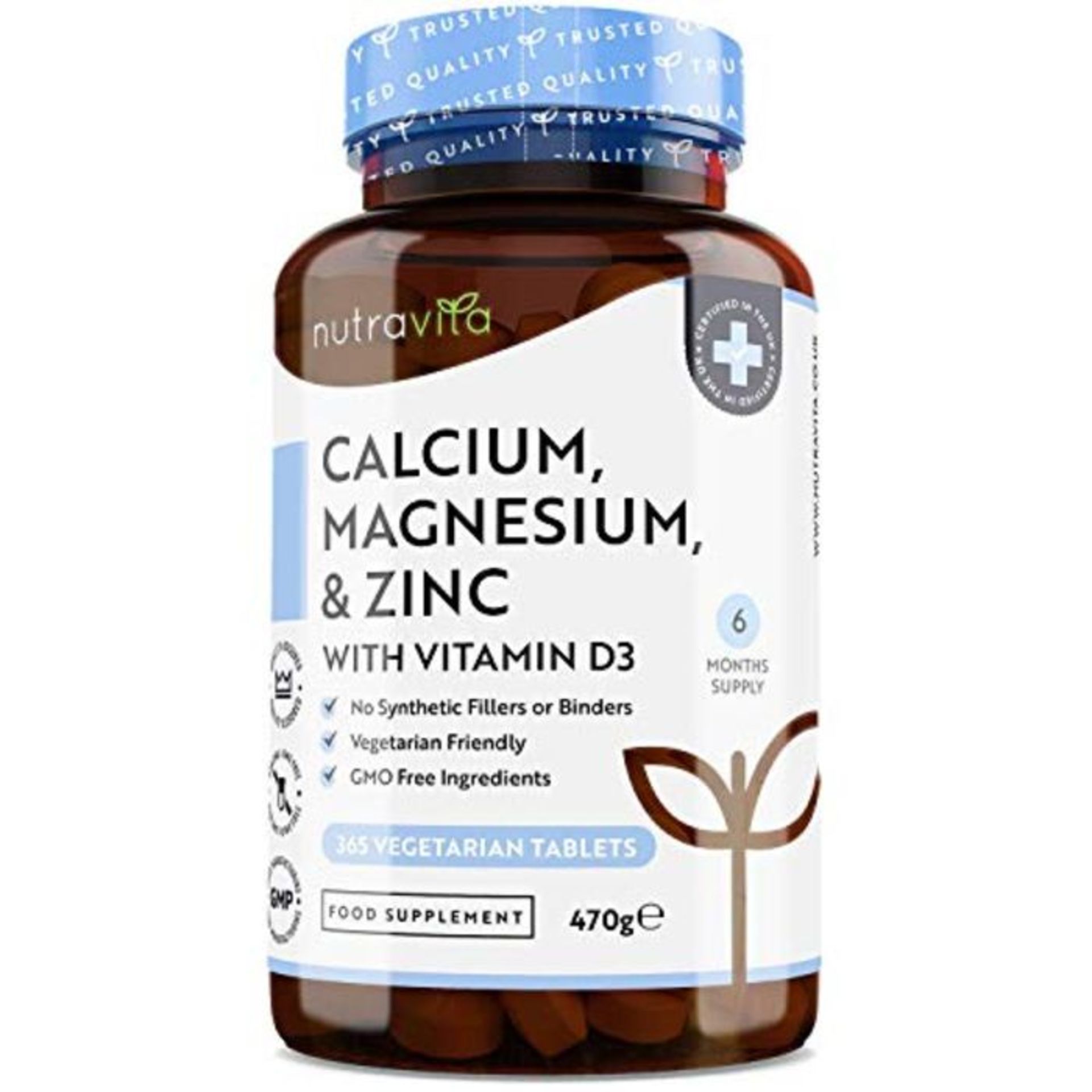 Calcium Magnesium Zinc & Vitamin D3-365 Vegetarian Tablets - High Strength Calcium Sup