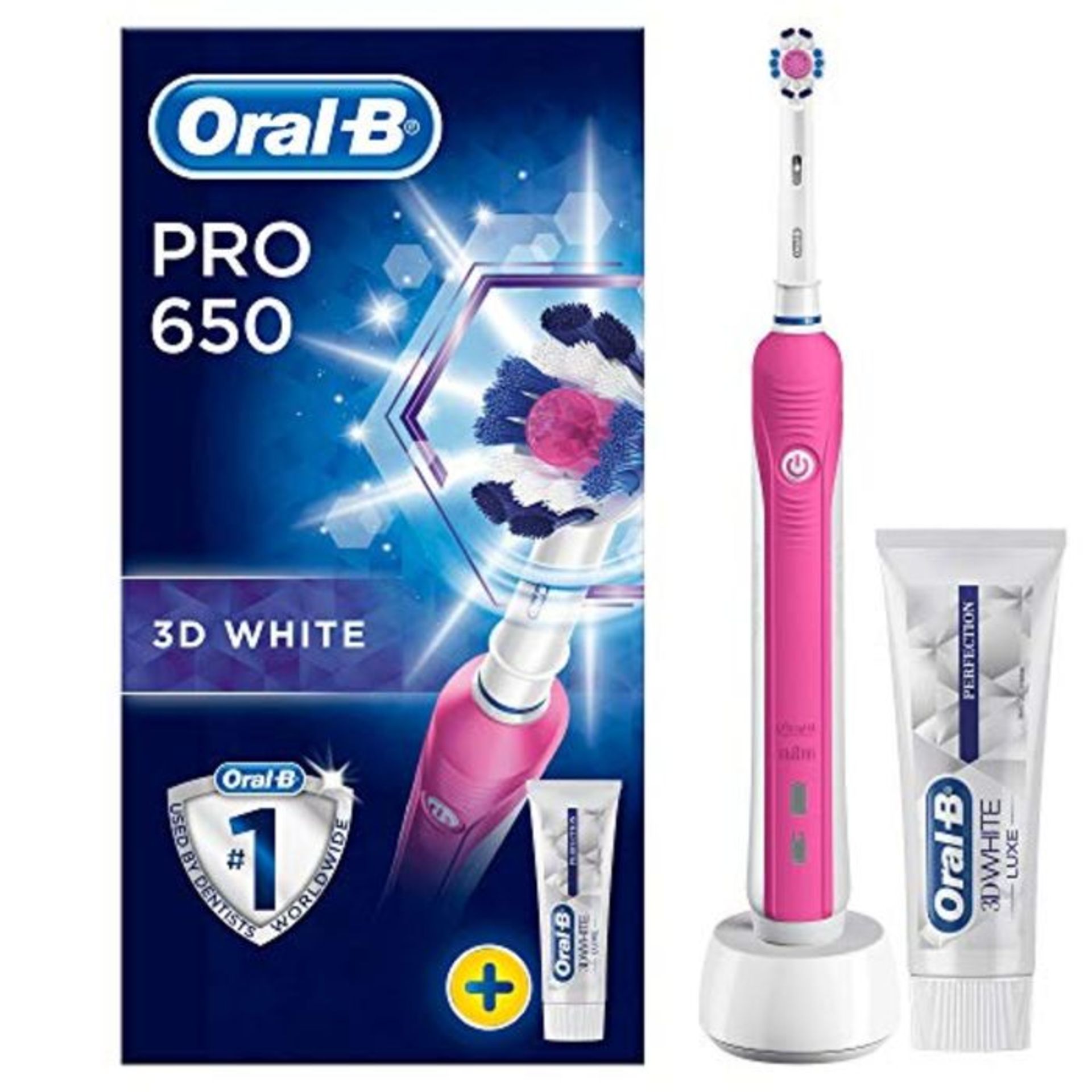 Oral-B Pro 650 3D White Electric Rechargeable Toothbrush Powered by Braun, 1 Pink Hand