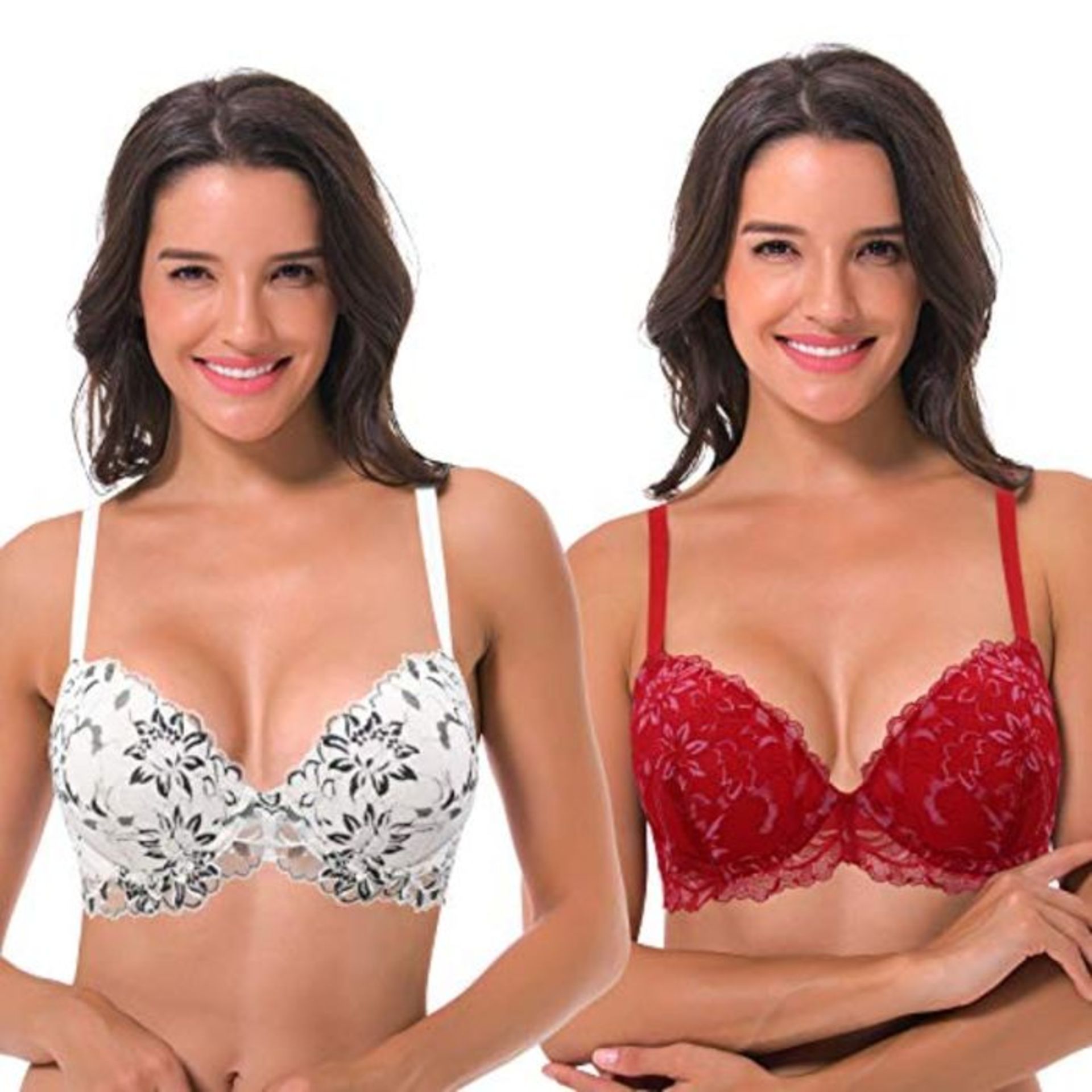 Curve Muse Women's Underwire Plus Size Push Up Add 1 and a Half Cup Lace Bras -2PK-Whi