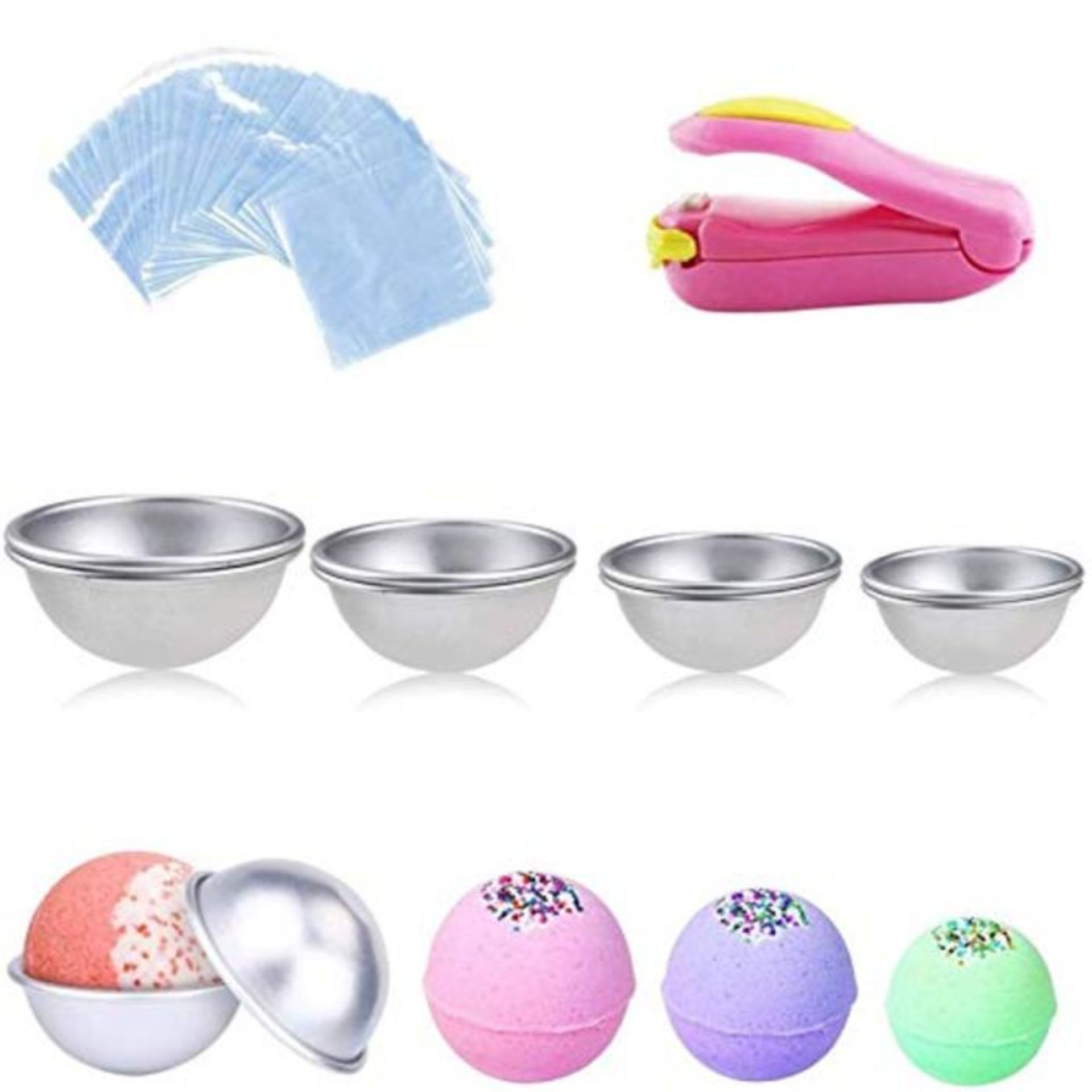 Q-WOOFF Bath Bomb Mould, 4 Sets Metal Hand Soap Mould + 100 Pieces Shrink Film Bags