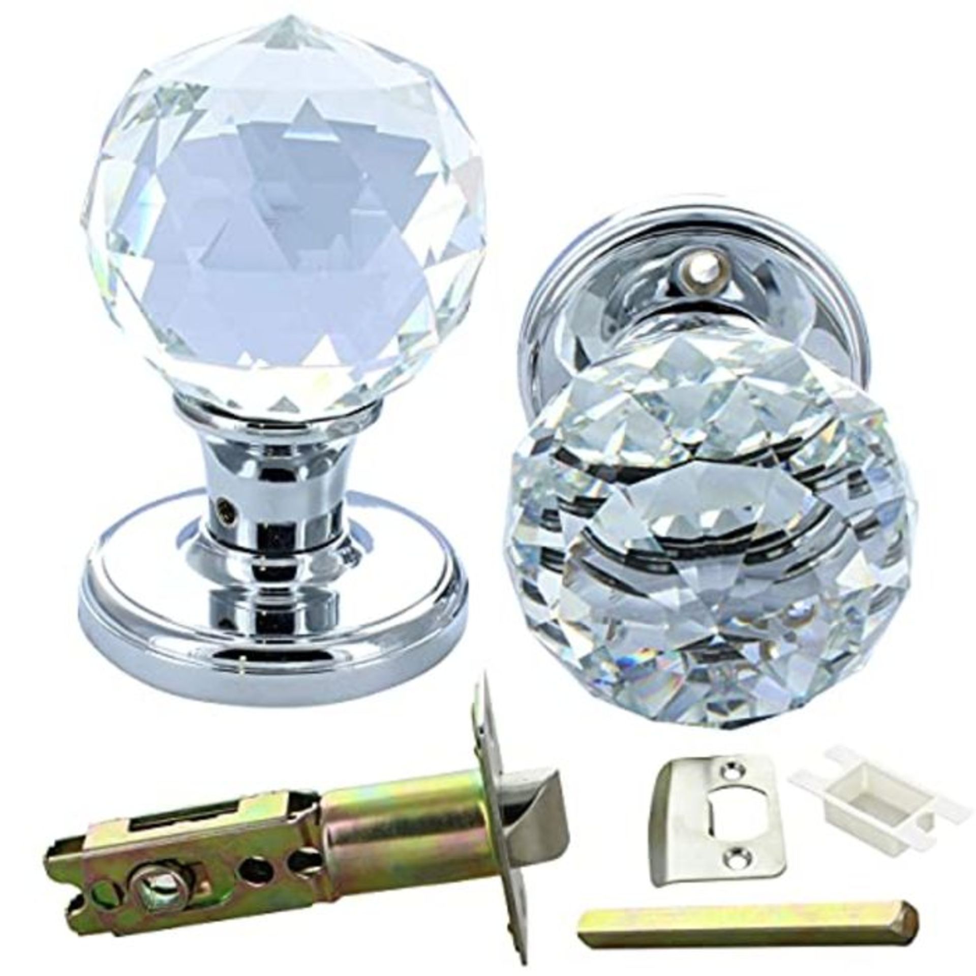 G Decor Pair of Solid Round Crystal Cut Faceted Clear Glass Mortice Door Knobs 60mm Ch