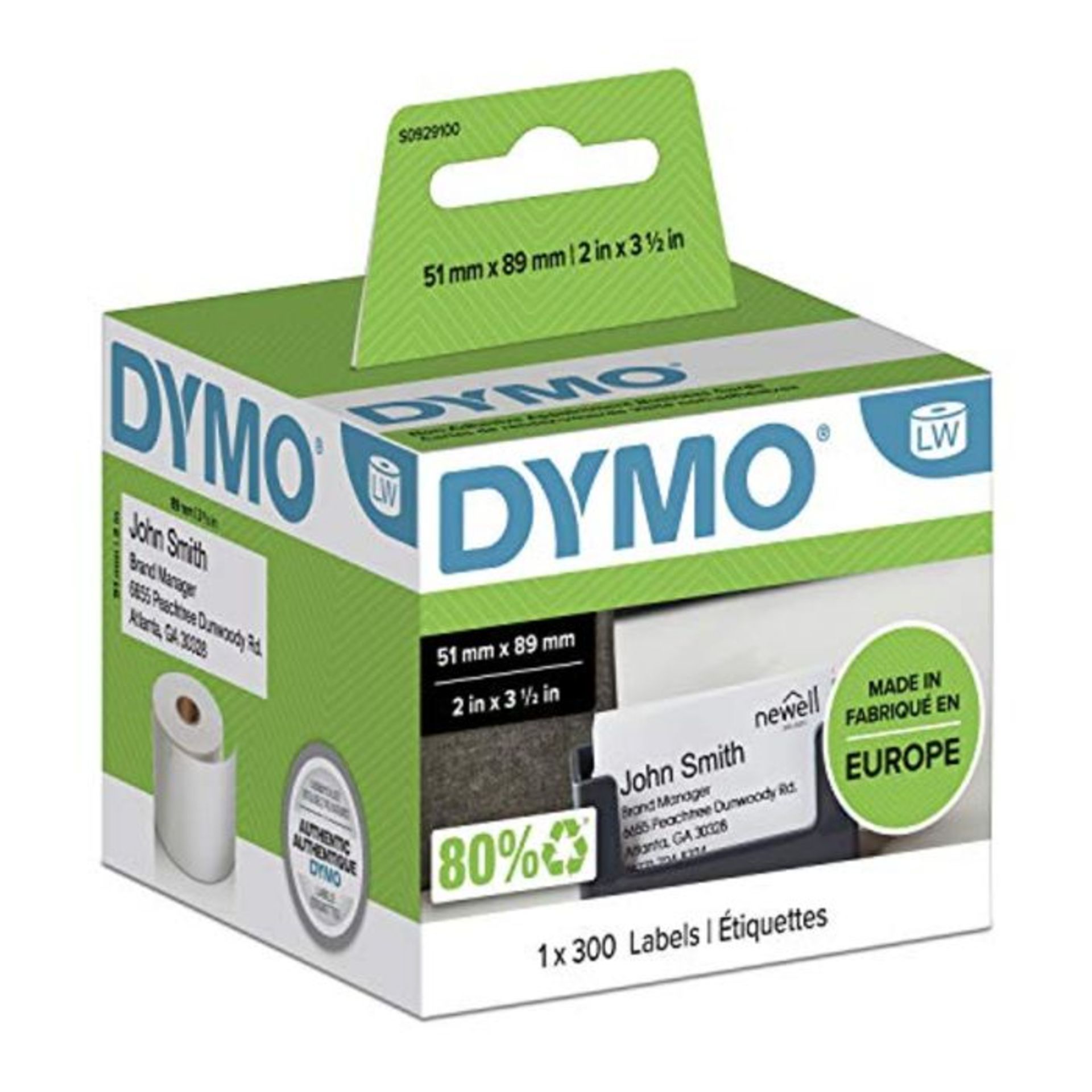 Dymo LW Name Badge Cards, Non Adhesive, 51mm x 89mm, Roll of 300, Black Print on White