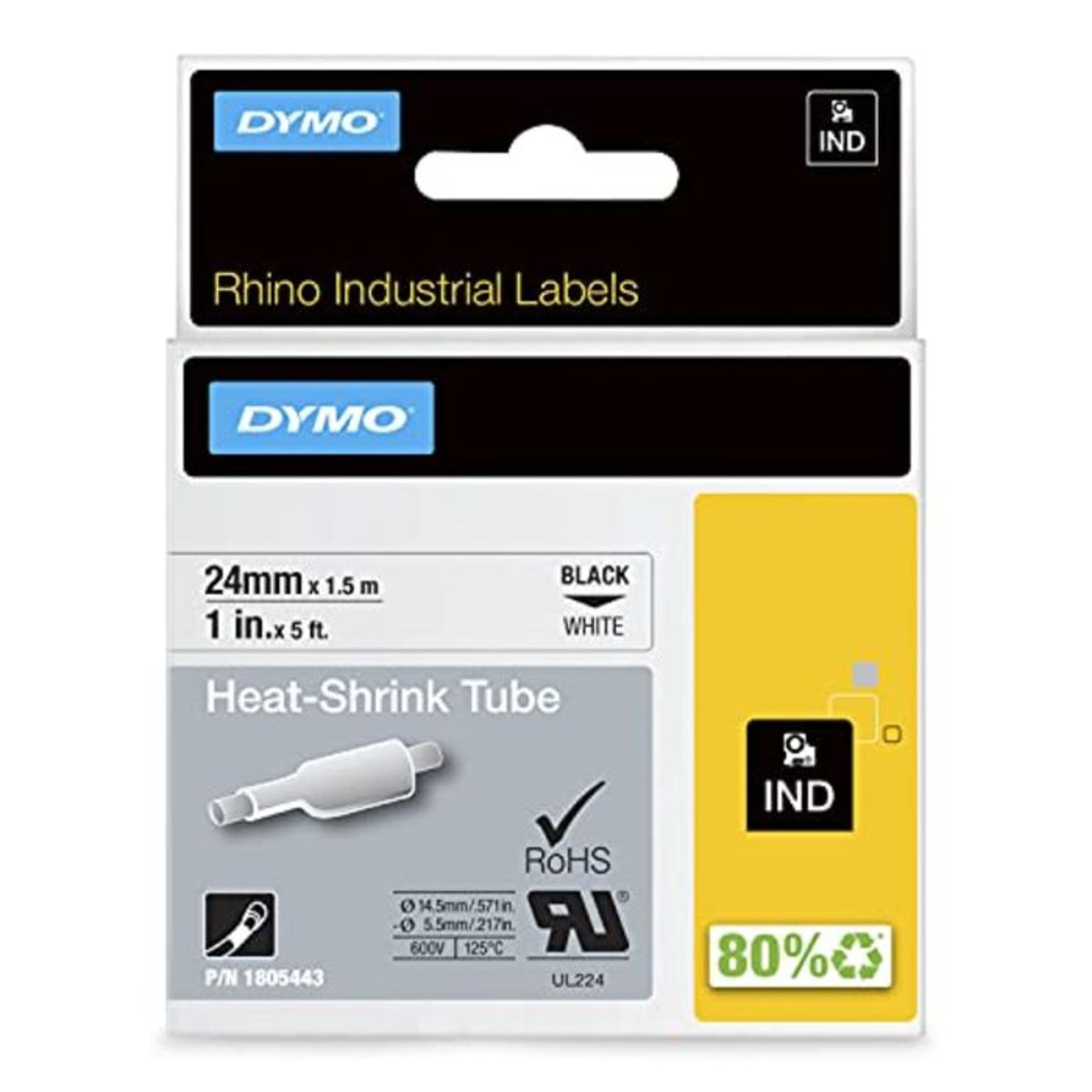 DYMO Rhino Industrial Heat Shrink Label Tubes, 24 mm x 1.5 m, Black Print on White, Se