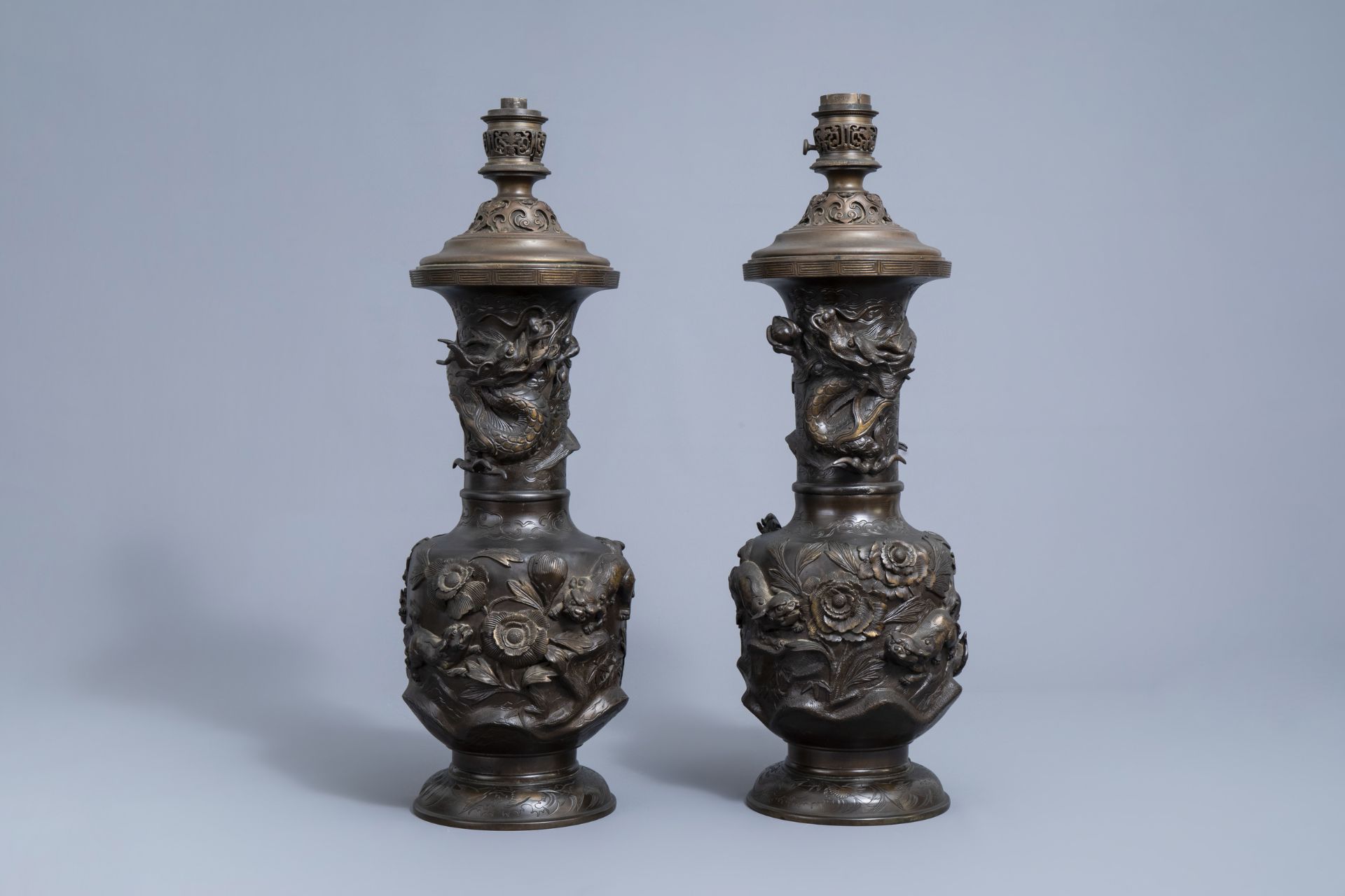 A pair of impressive Japanese partly gilt bronze vases with Gagneau mounts, Meiji, 19th C. - Image 2 of 40