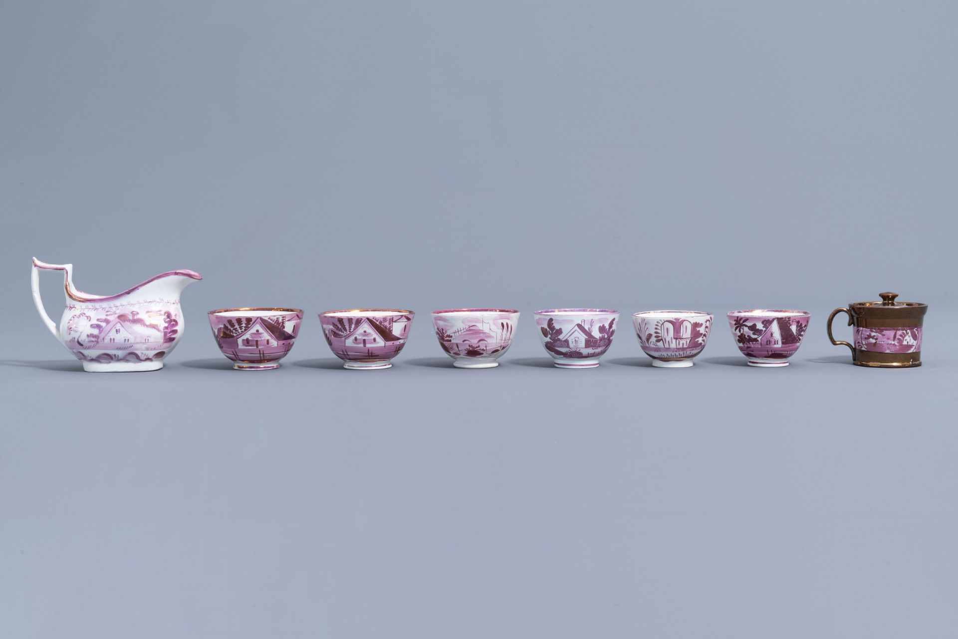 A varied collection of English pink lustreware items with a cottage in a landscape, 19th C. - Image 24 of 50