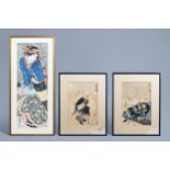 Two Japanese Ukiyo-e woodblock prints and a painting on paper, 19th/20th C.