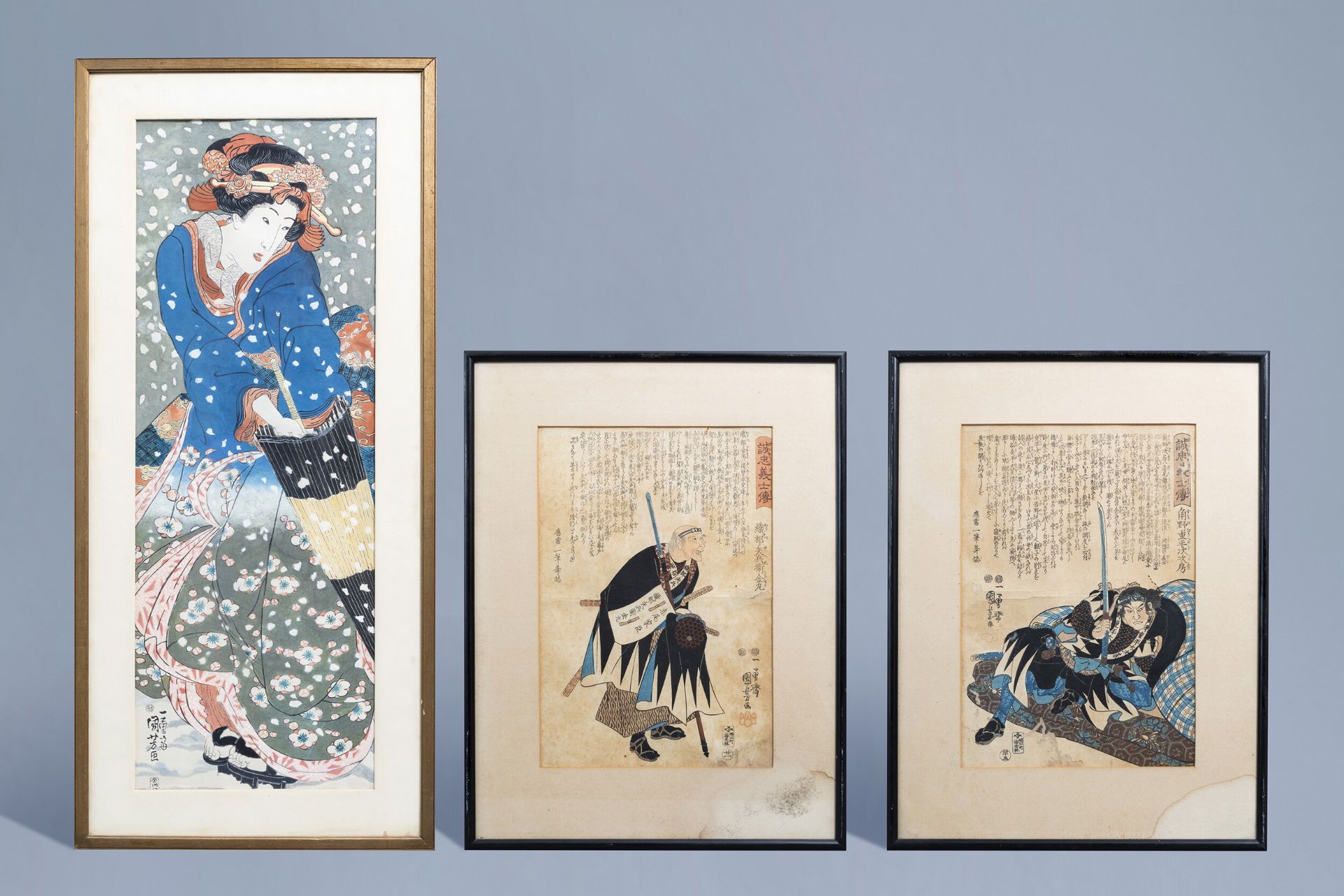 Two Japanese Ukiyo-e woodblock prints and a painting on paper, 19th/20th C.