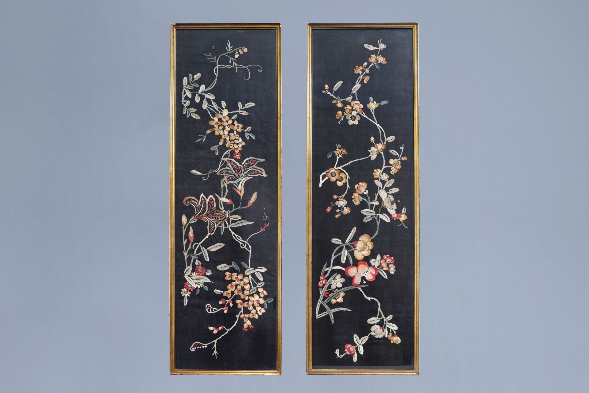 Two Chinese embroidered silk panels with floral designs, 19th/20th C.