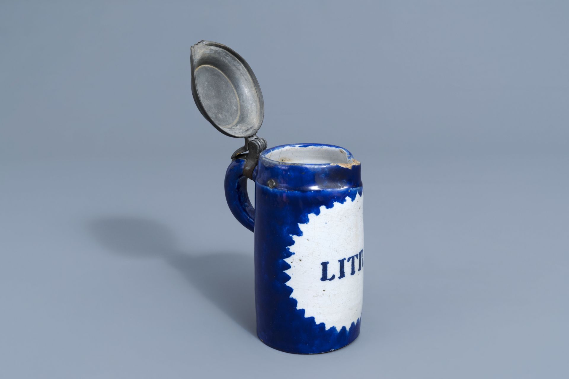 Two blue and white Brussels faience plates and a beer mug, 19th C. - Image 13 of 28