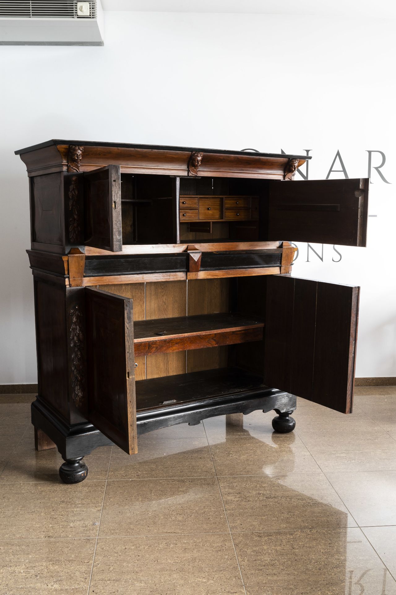 A Dutch wooden four-door cupboard, 17th C. and later - Image 2 of 11