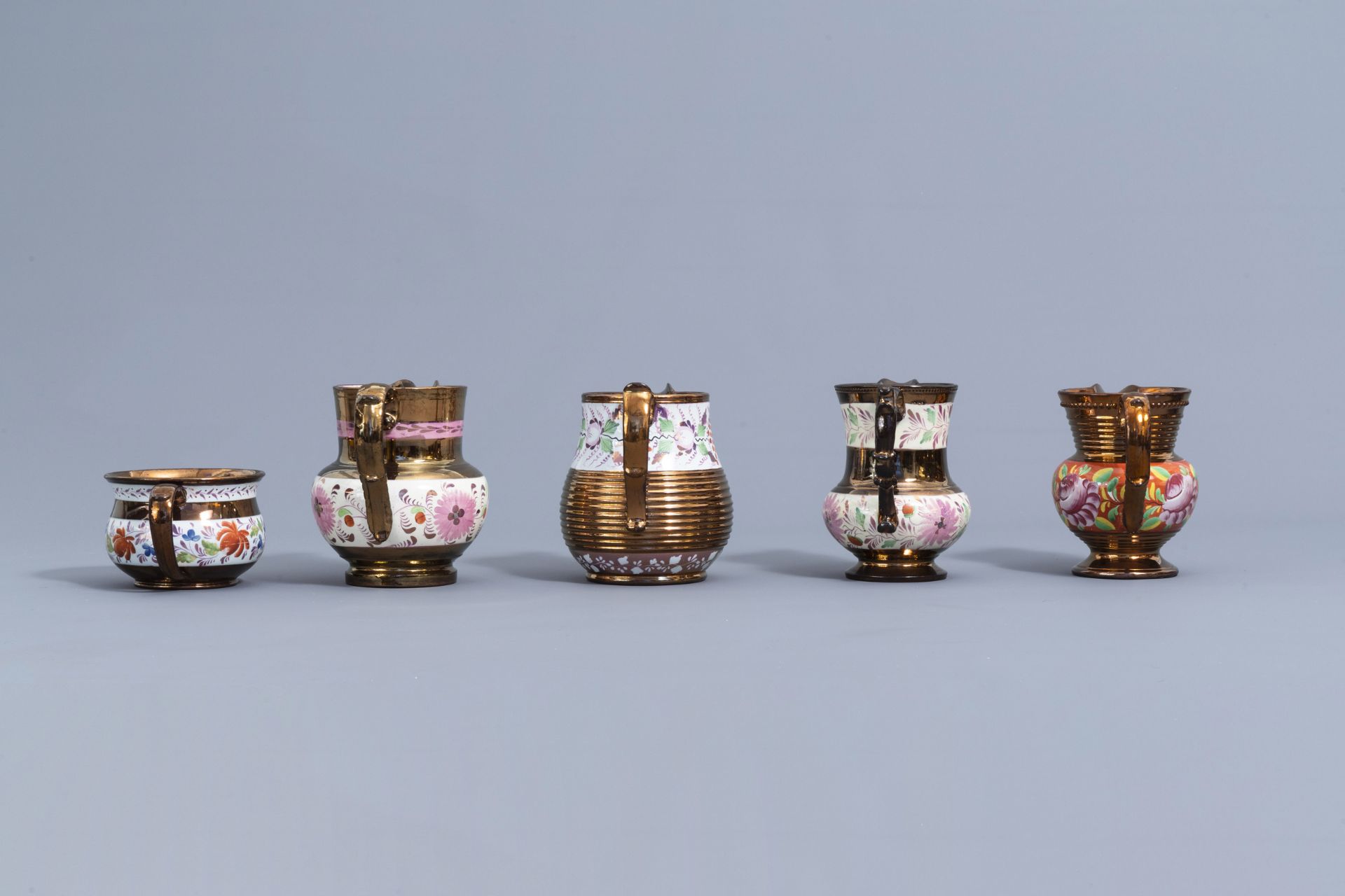 A varied collection of English lustreware items with polychrome floral design, 19th C. - Image 9 of 64