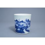 A Chinese blue and white scroll pot with landscape design, 19th C.