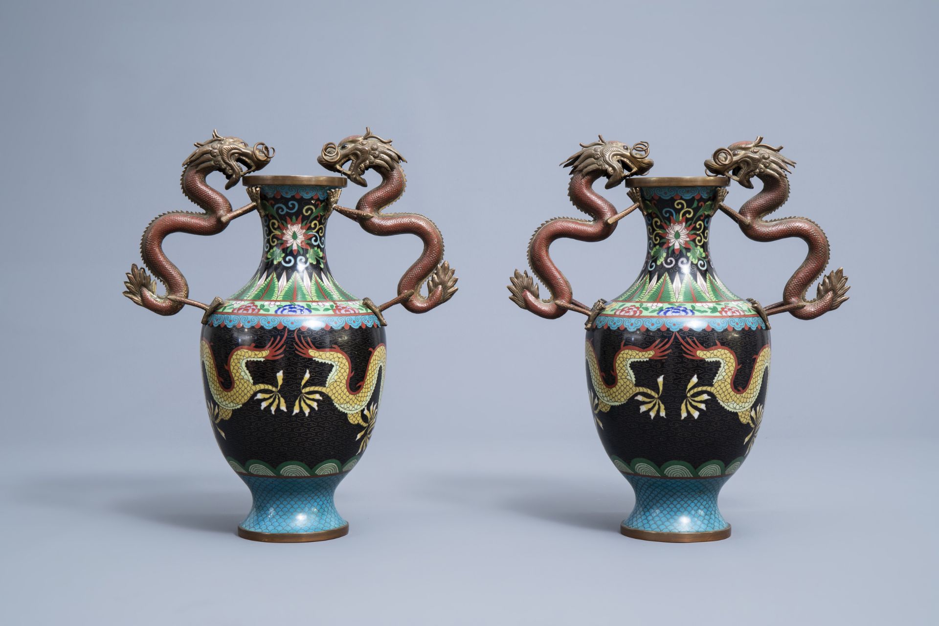 A Chinese cloisonne incense burner and two pairs of vases with dragon design, 20th C. - Image 4 of 19