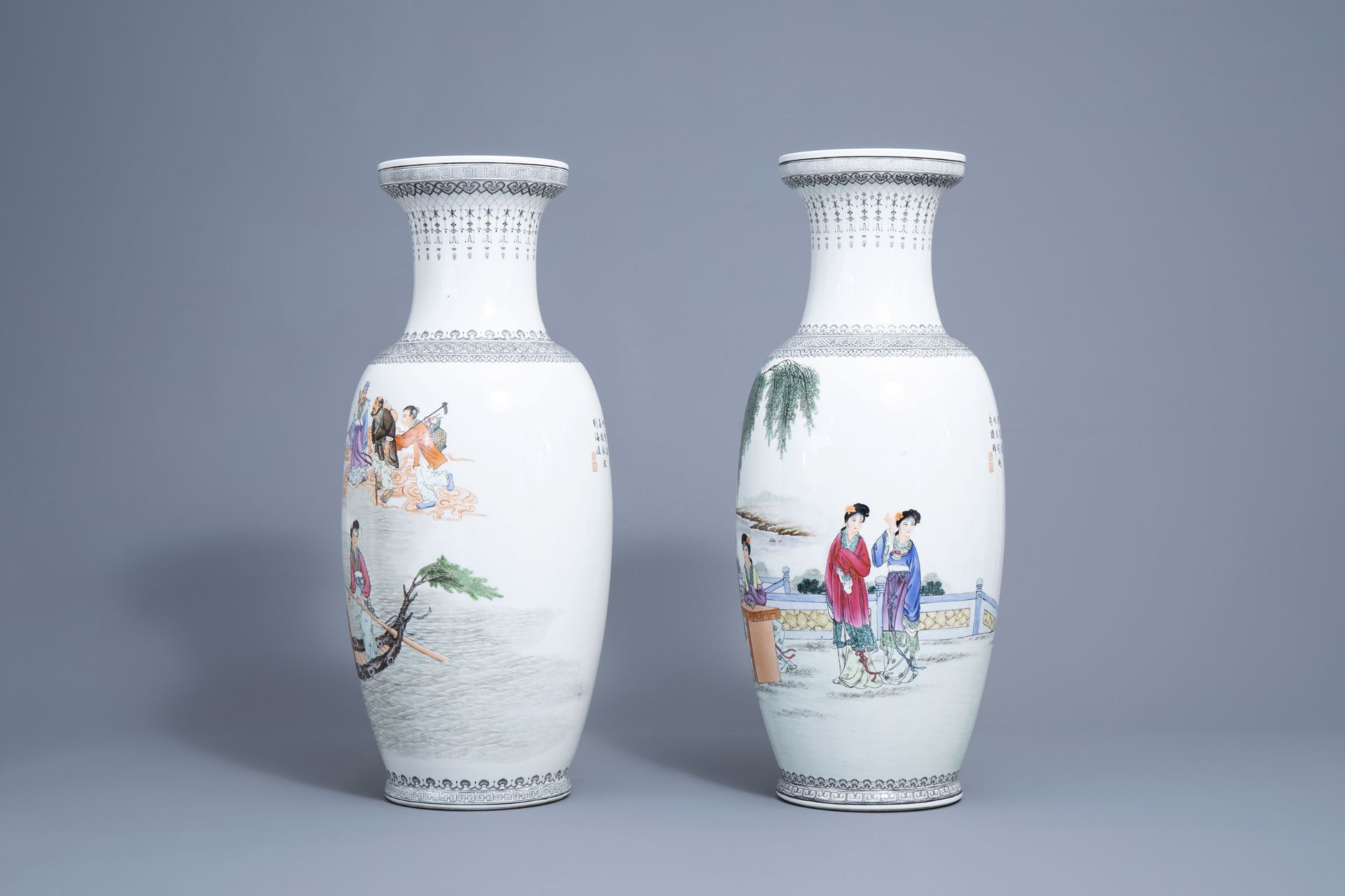 Two Chinese famille rose vases with Immortals and ladies, Qianlong mark, Republic, 20th C. - Image 4 of 6