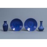 Two Chinese monochrome blue vases and a pair of dishes, 19th C.